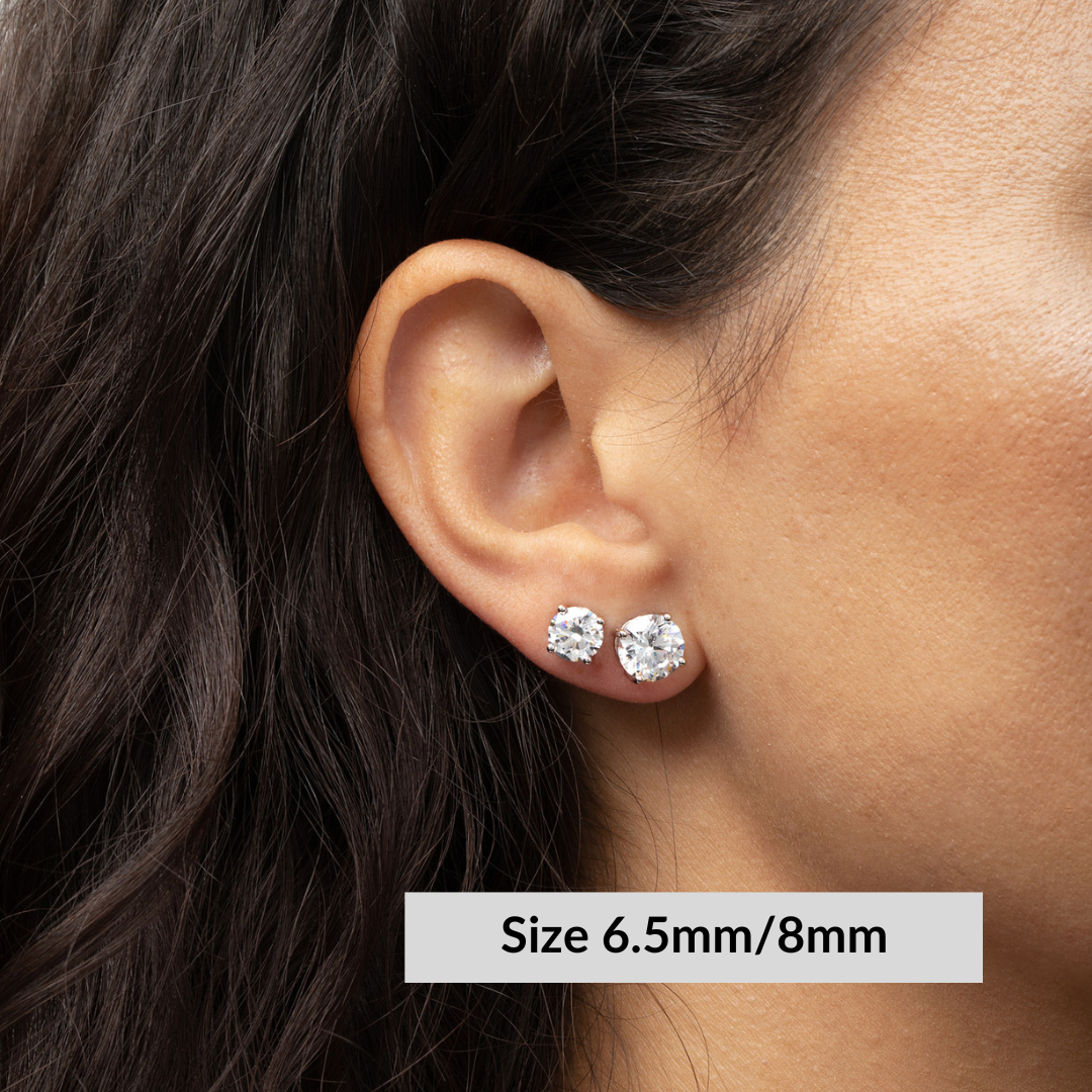 Round Solitaire Stud Earrings - 6 Prongs - Simulated Diamonds