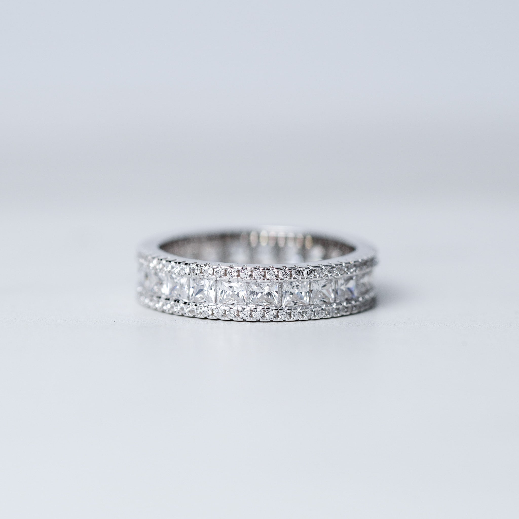 Three Row Wedding Band with Square Stones - Simulated Diamond