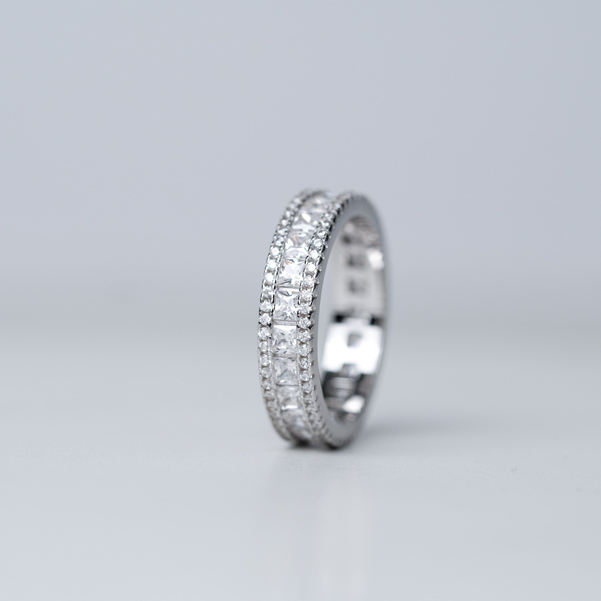Three Row Wedding Band with Square Stones - Simulated Diamond