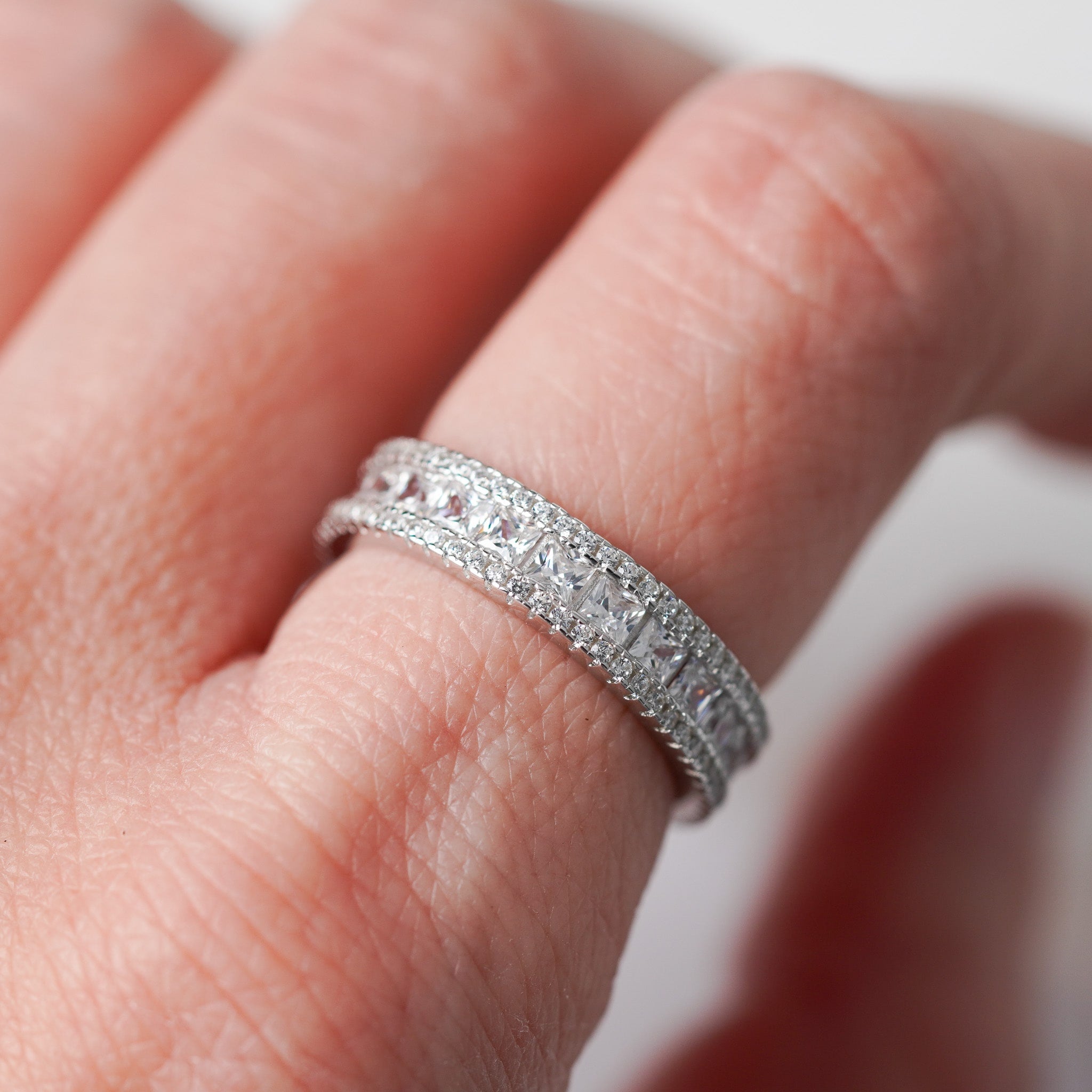 Three Row Wedding Band with Square Stones - Simulated Diamond