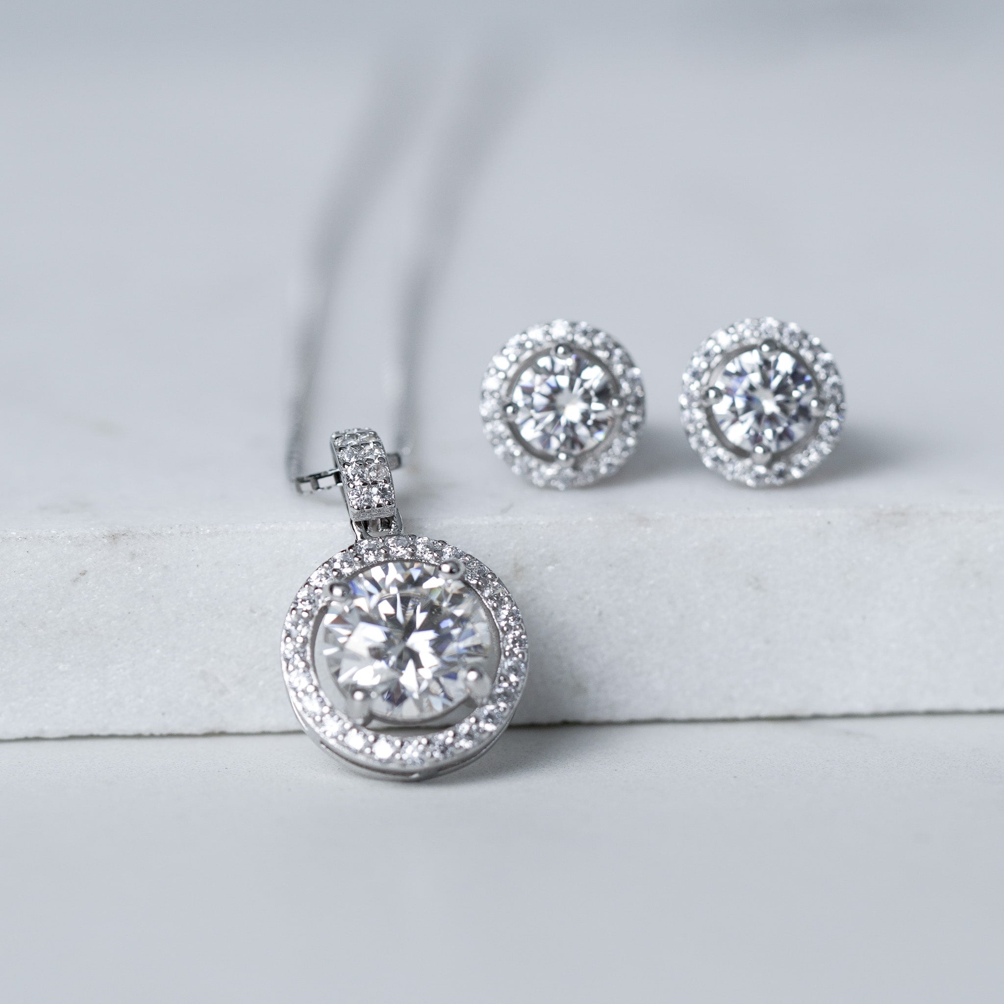 Round Halo Earrings - Simulated Diamond