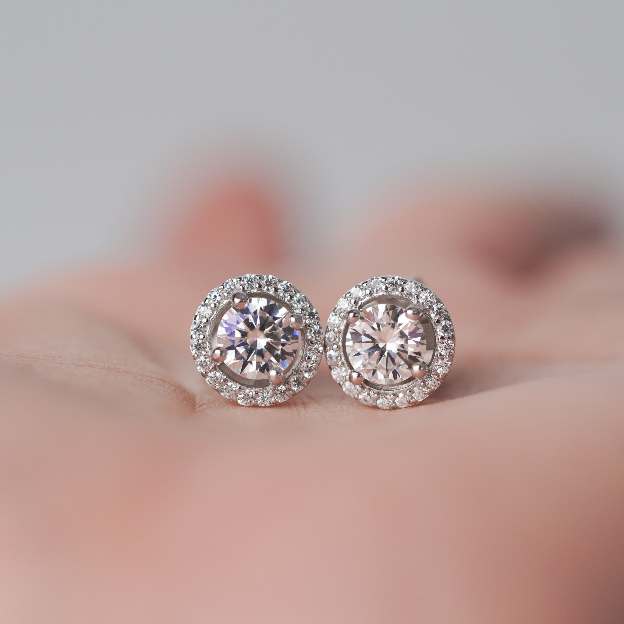 Round Halo Earrings - Simulated Diamond