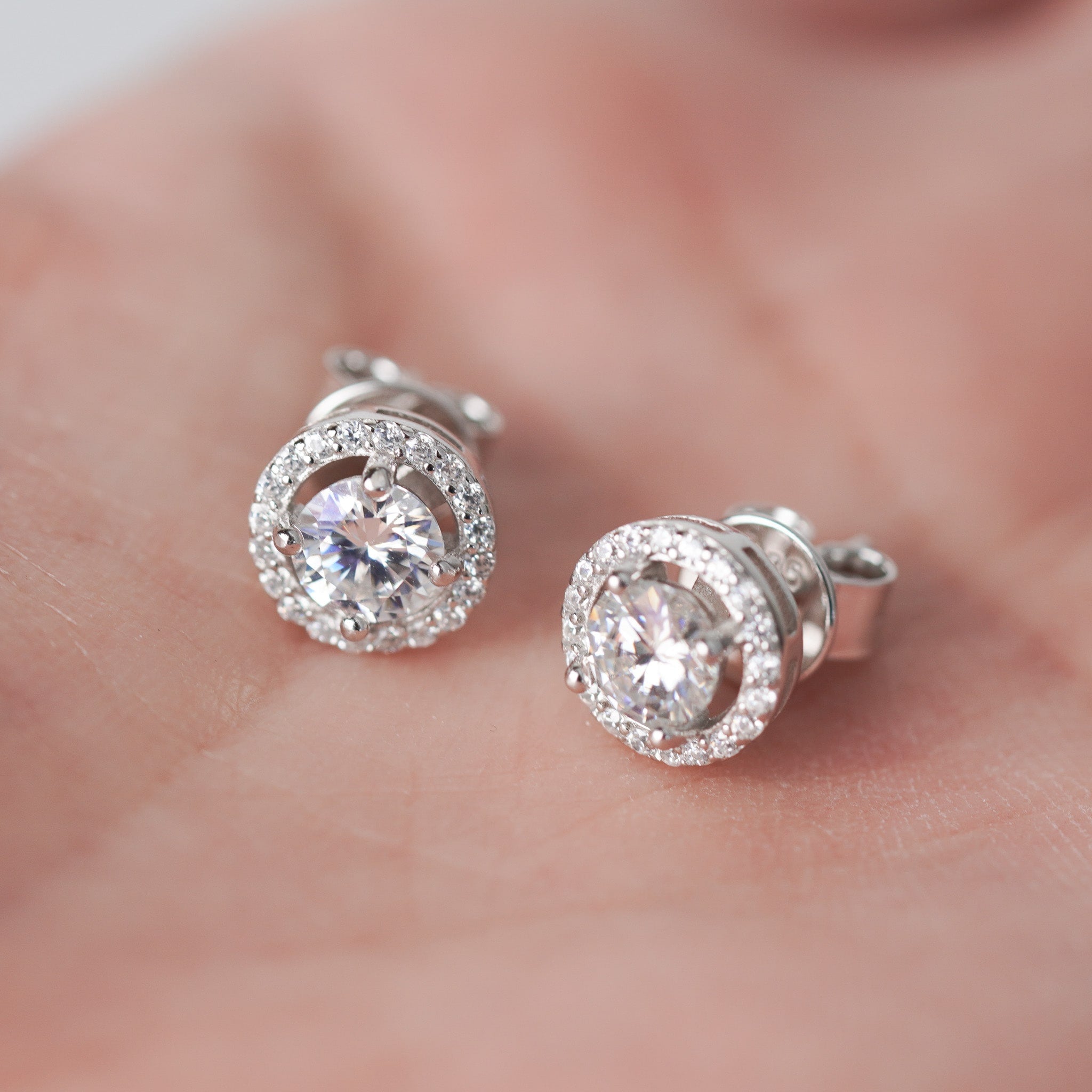Round Halo Earrings - Simulated Diamond