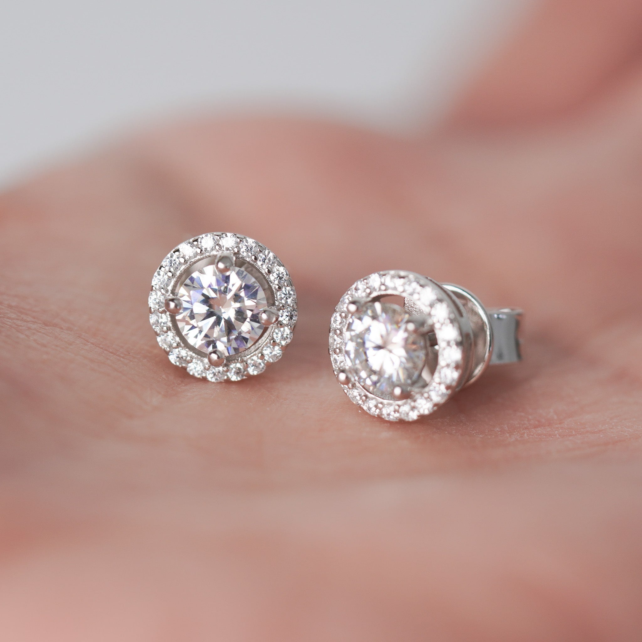 Round Halo Earrings - Simulated Diamond