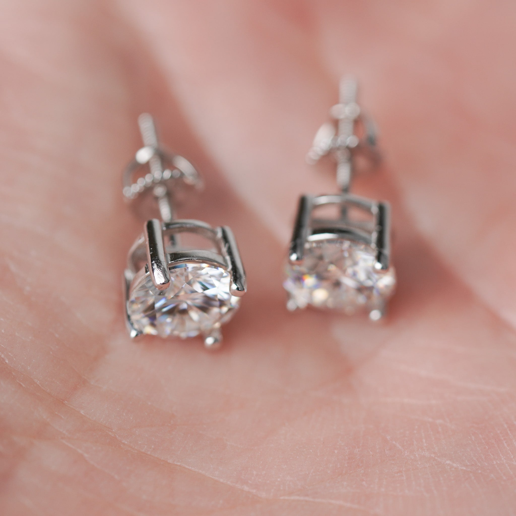 Round Solitaire Stud Earrings - Moissanite - Screwed Back