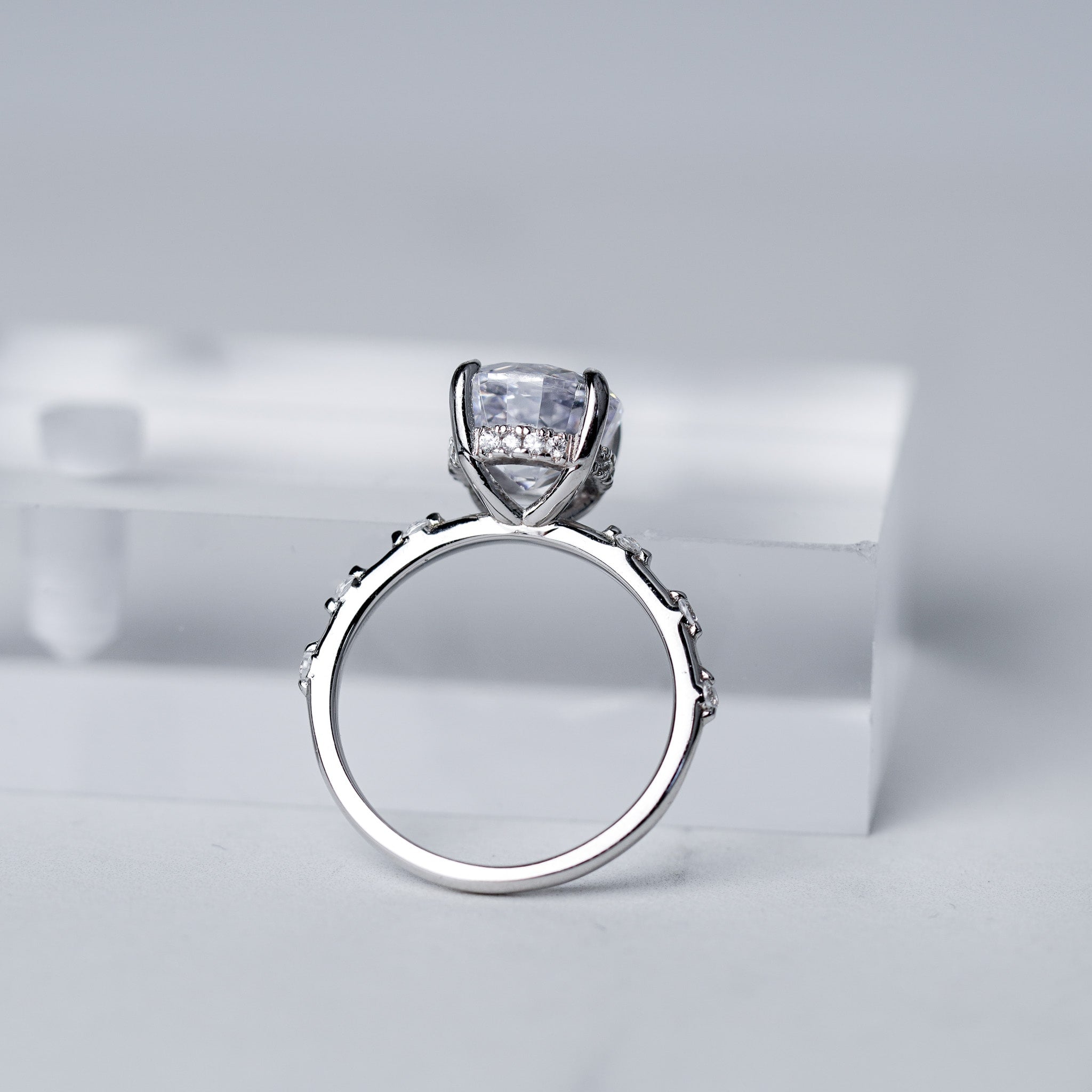 Round Radian Engagement Ring - Side Dots - Simulated Diamond