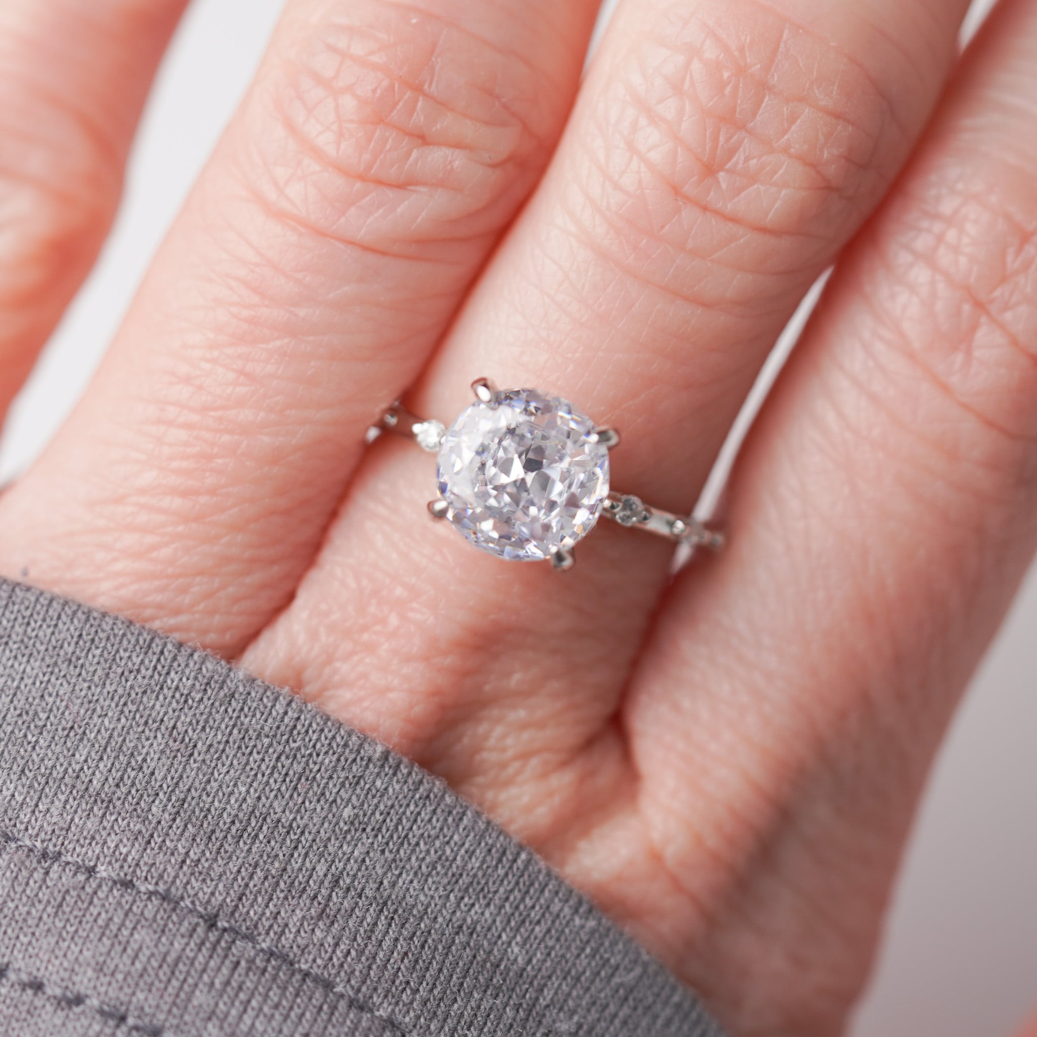 Round Radian Engagement Ring - Side Dots - Simulated Diamond