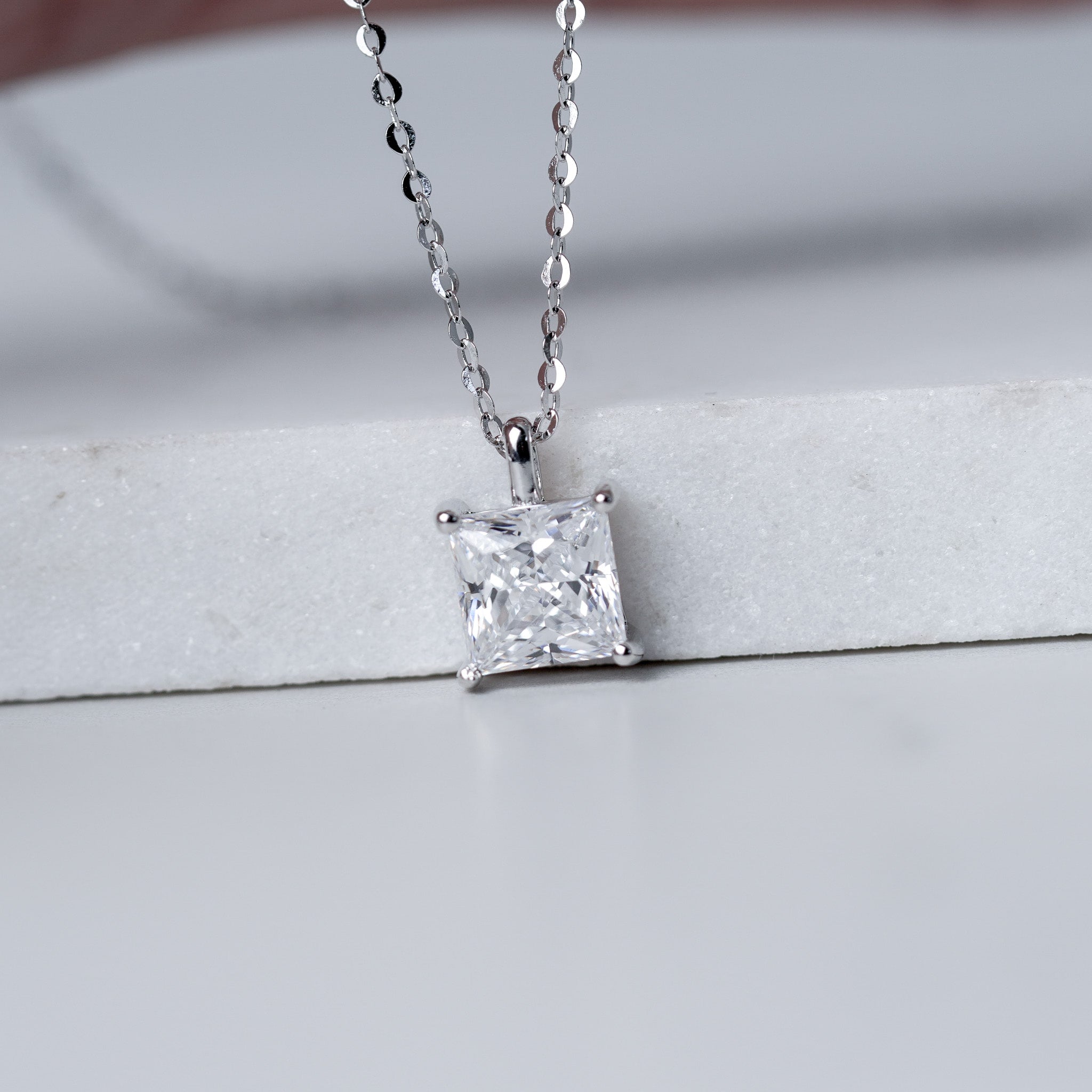 Square Princess Cut Solitaire Necklace