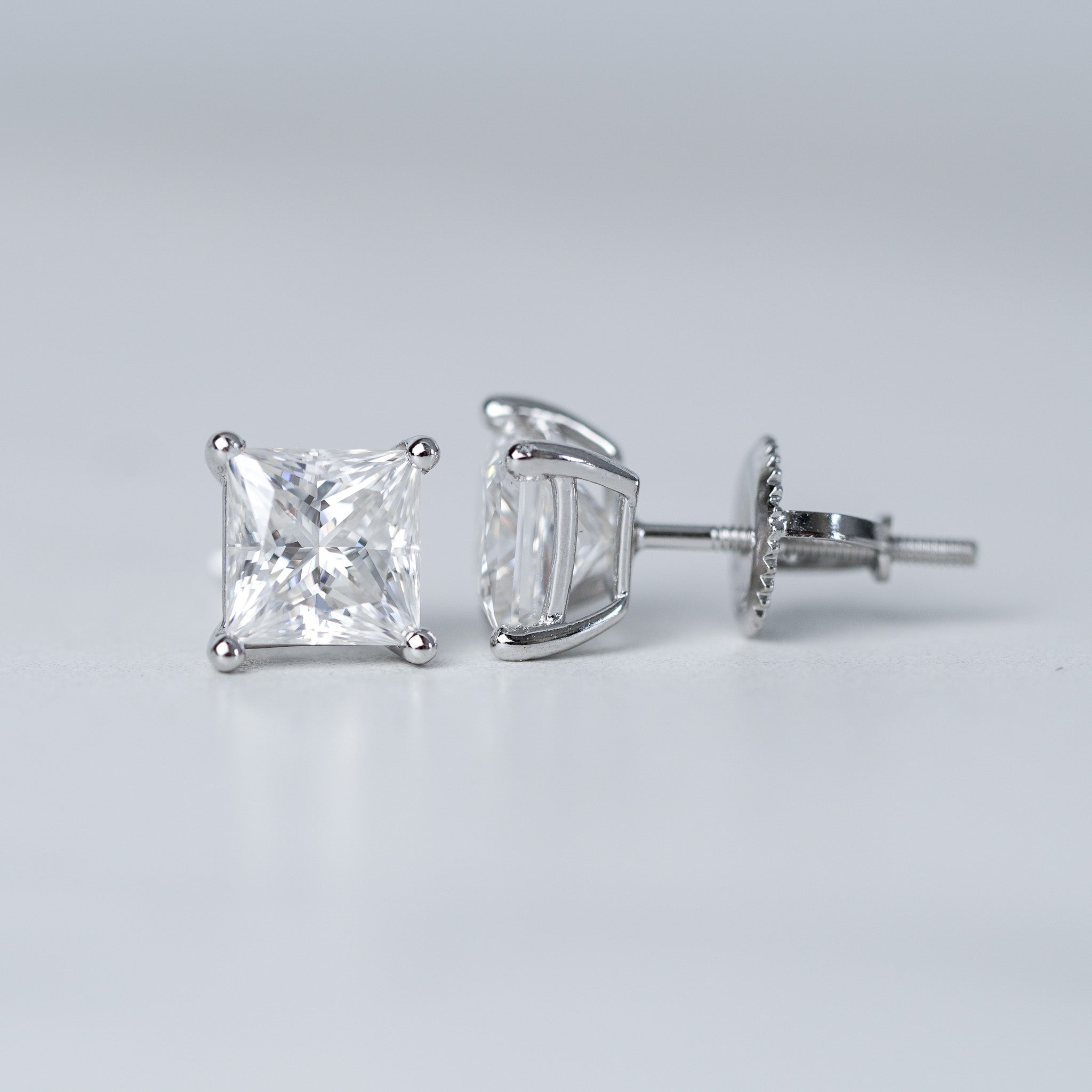 Square Solitaire Stud Earrings - Screwed Back - Moissanite