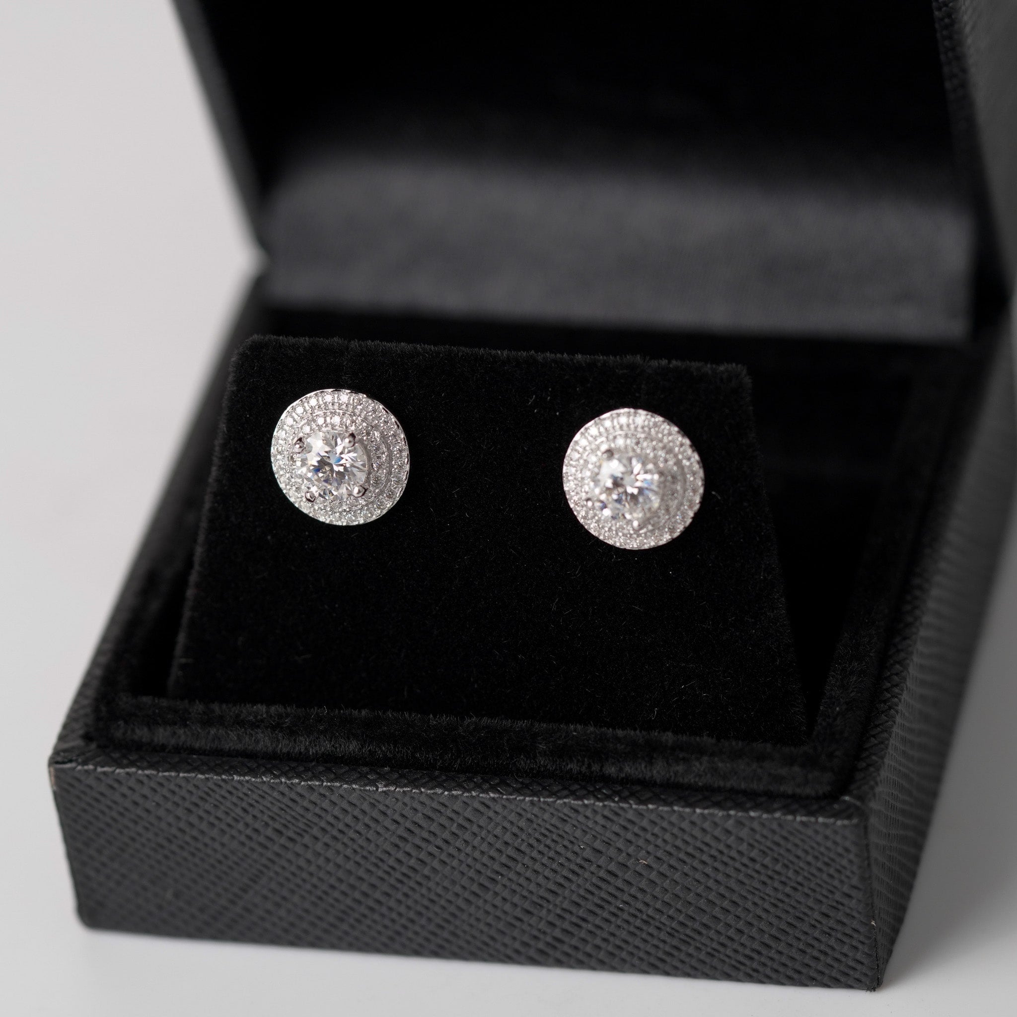 Double Halo Round Moissanite Earrings - Screwed Back