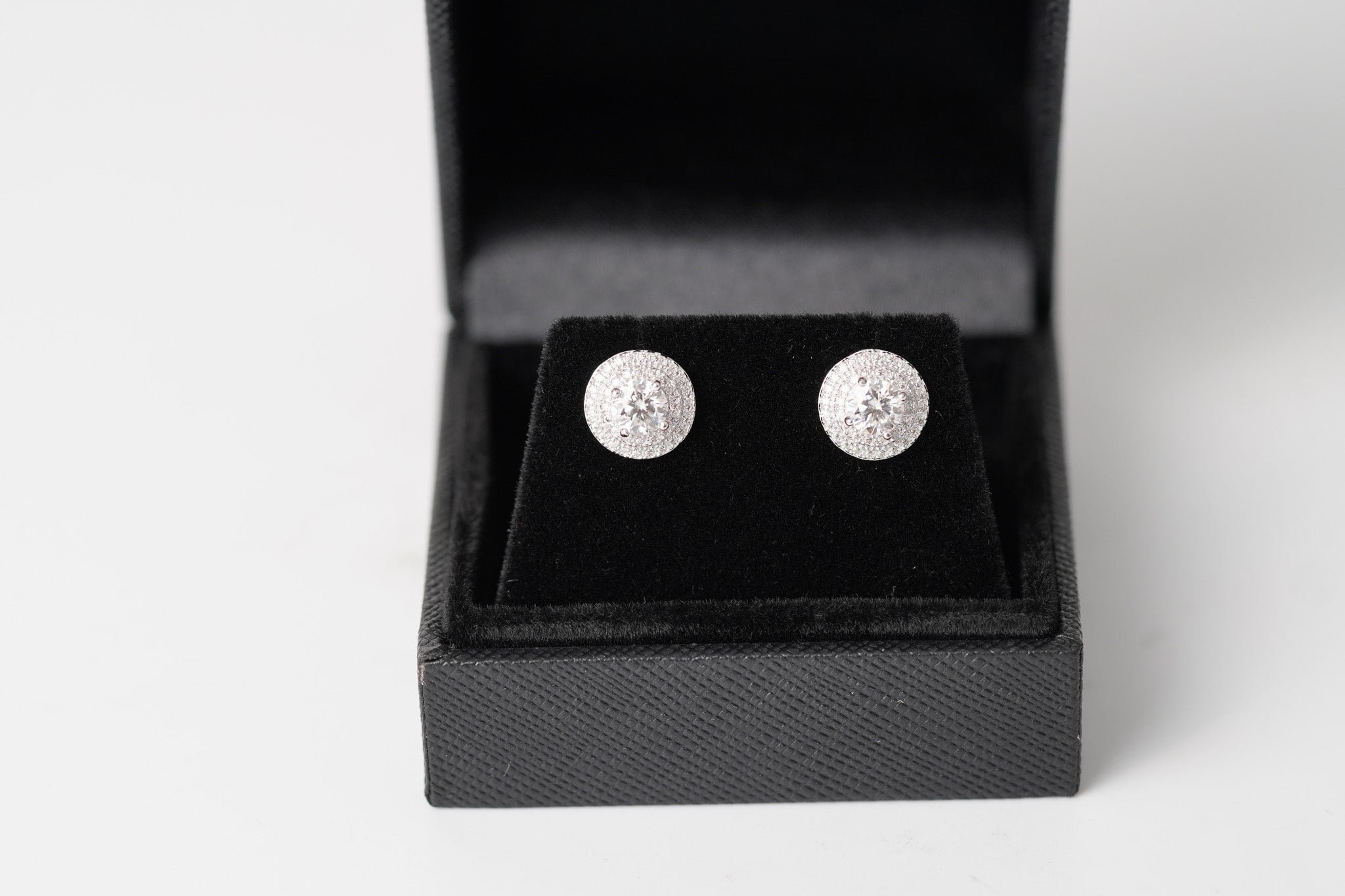 Double Halo Round Moissanite Earrings - Screwed Back