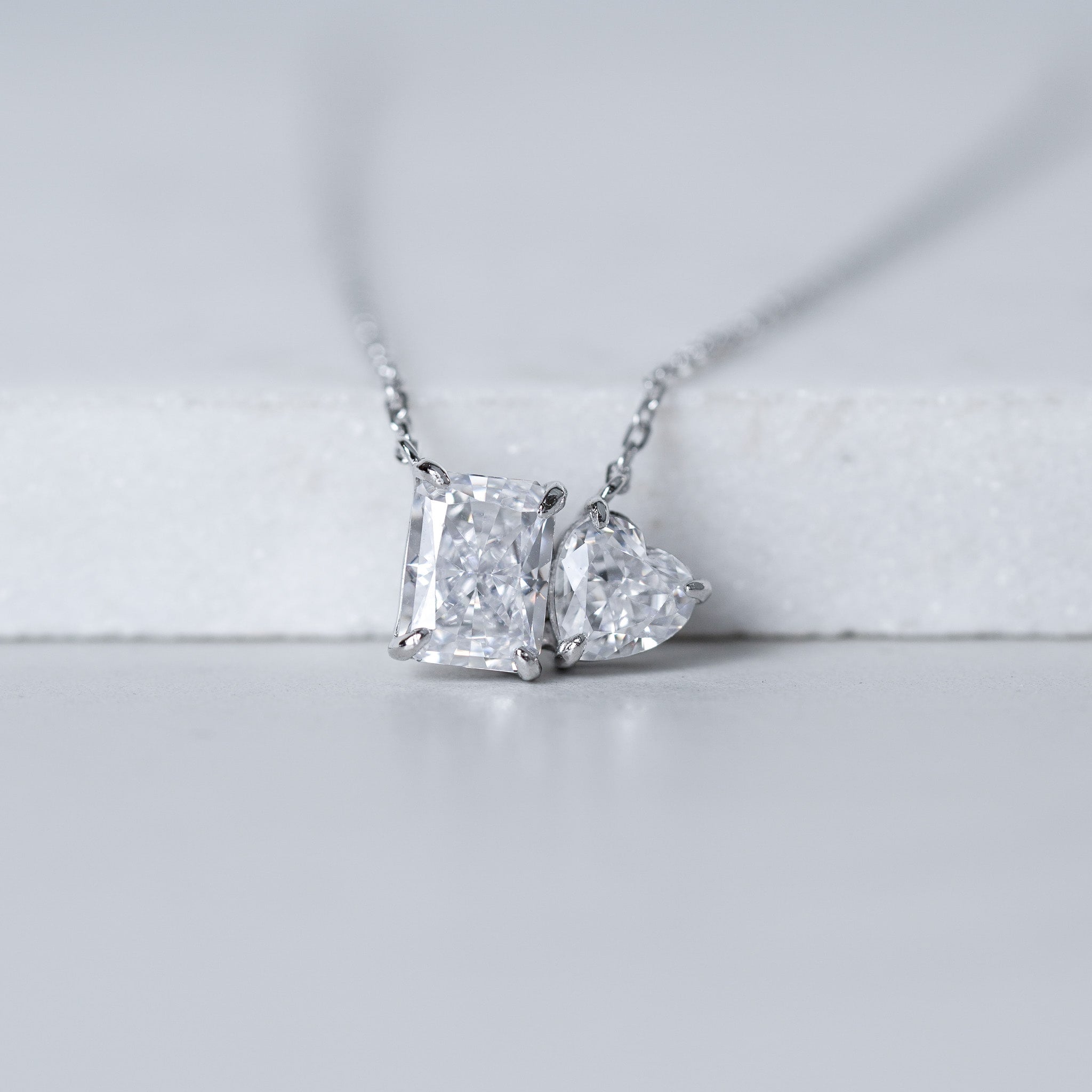 Radiant Double Heart and Rectangle Necklace - 5 ct - Simulated Diamond