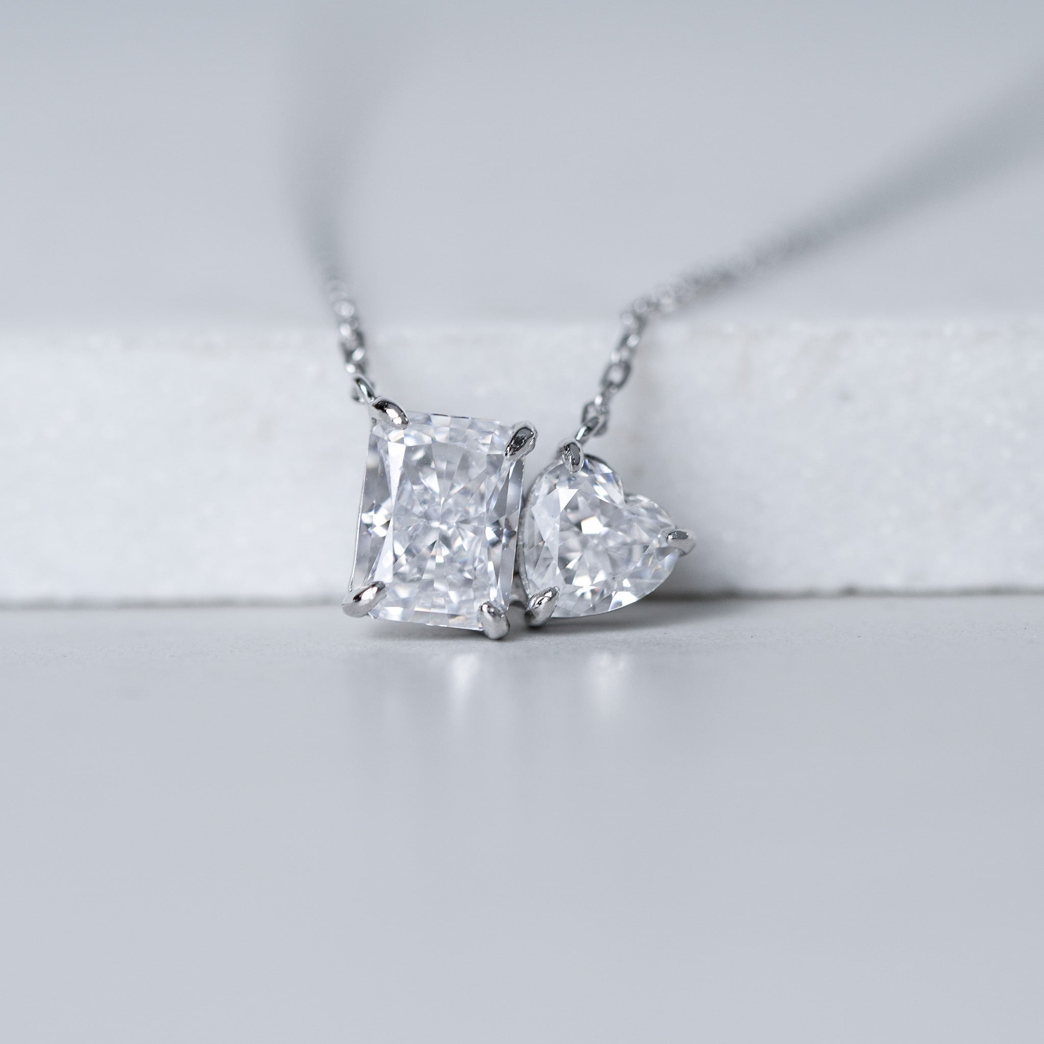 Radiant Double Heart and Rectangle Necklace - 5 ct - Simulated Diamond