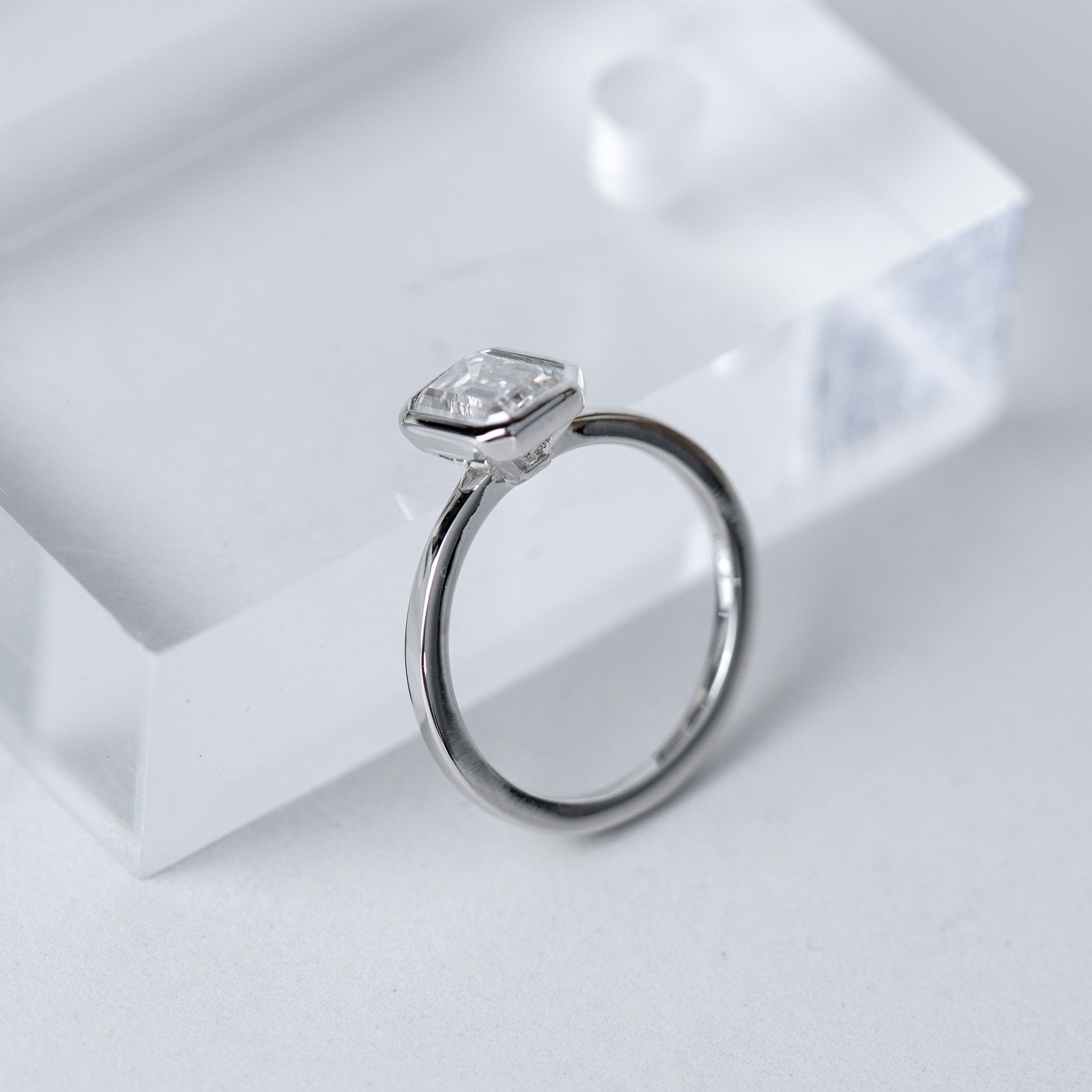 Bezel Emerald Solitaire Engagement Ring - Moissanite