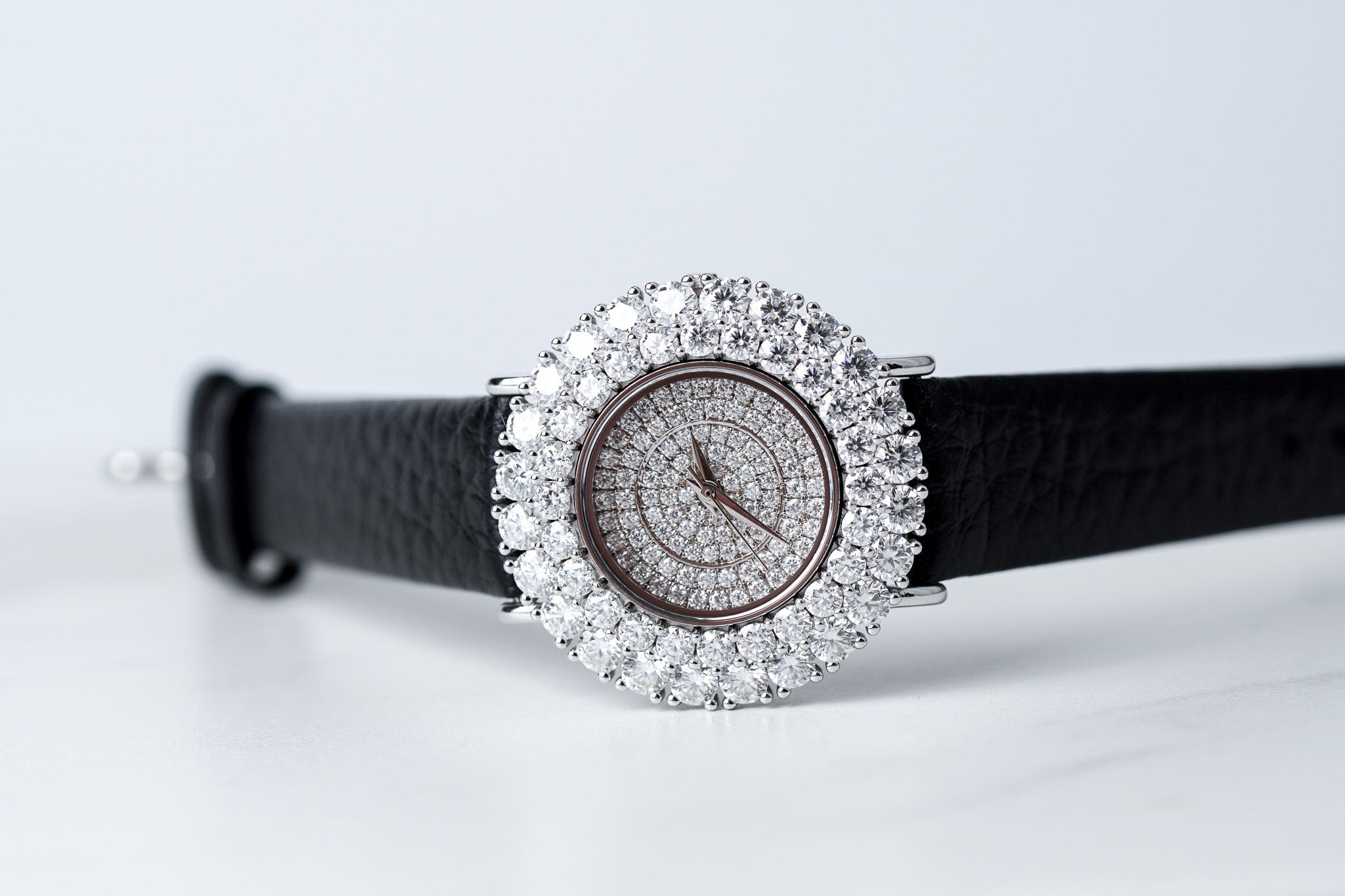 Double Halo Moissanite Diamond Watch With Silver Case - Black Leather
