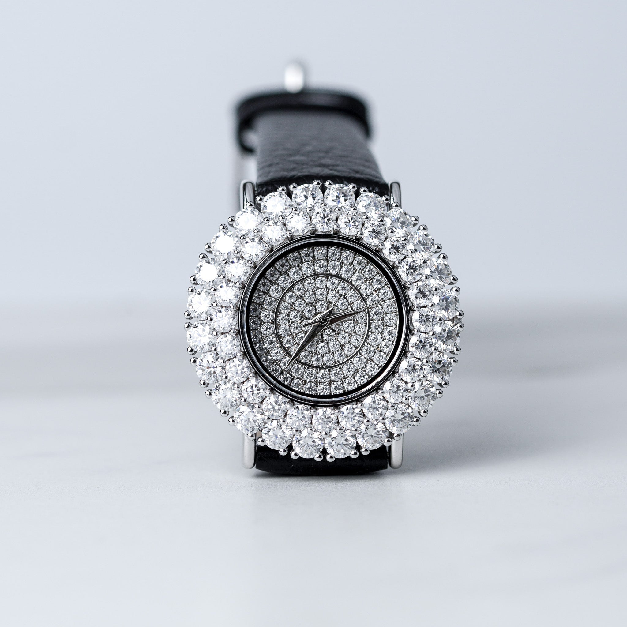 Double Halo Moissanite Diamond Watch With Silver Case - Black Leather