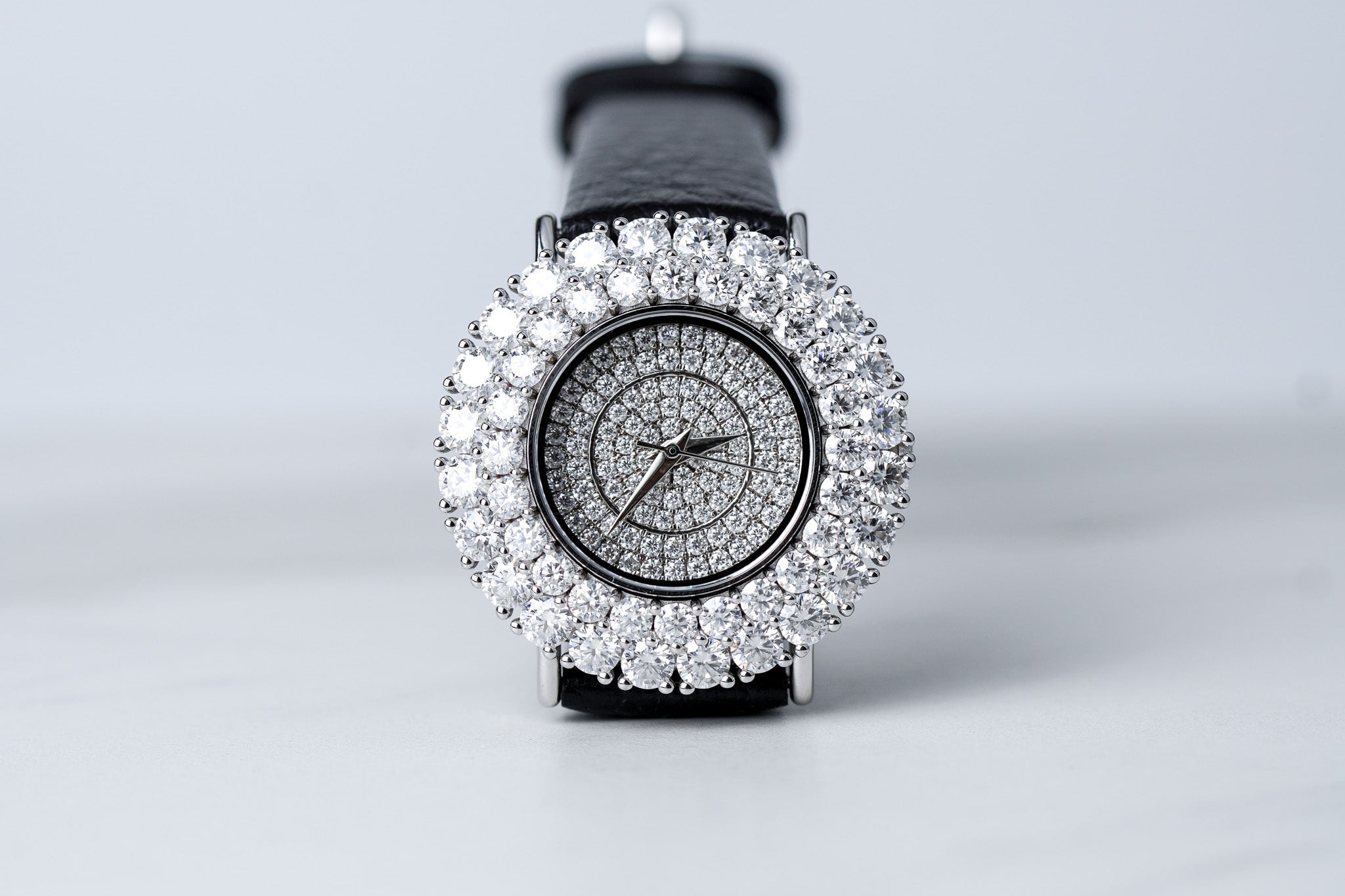 Double Halo Moissanite Diamond Watch With Silver Case - Black Leather