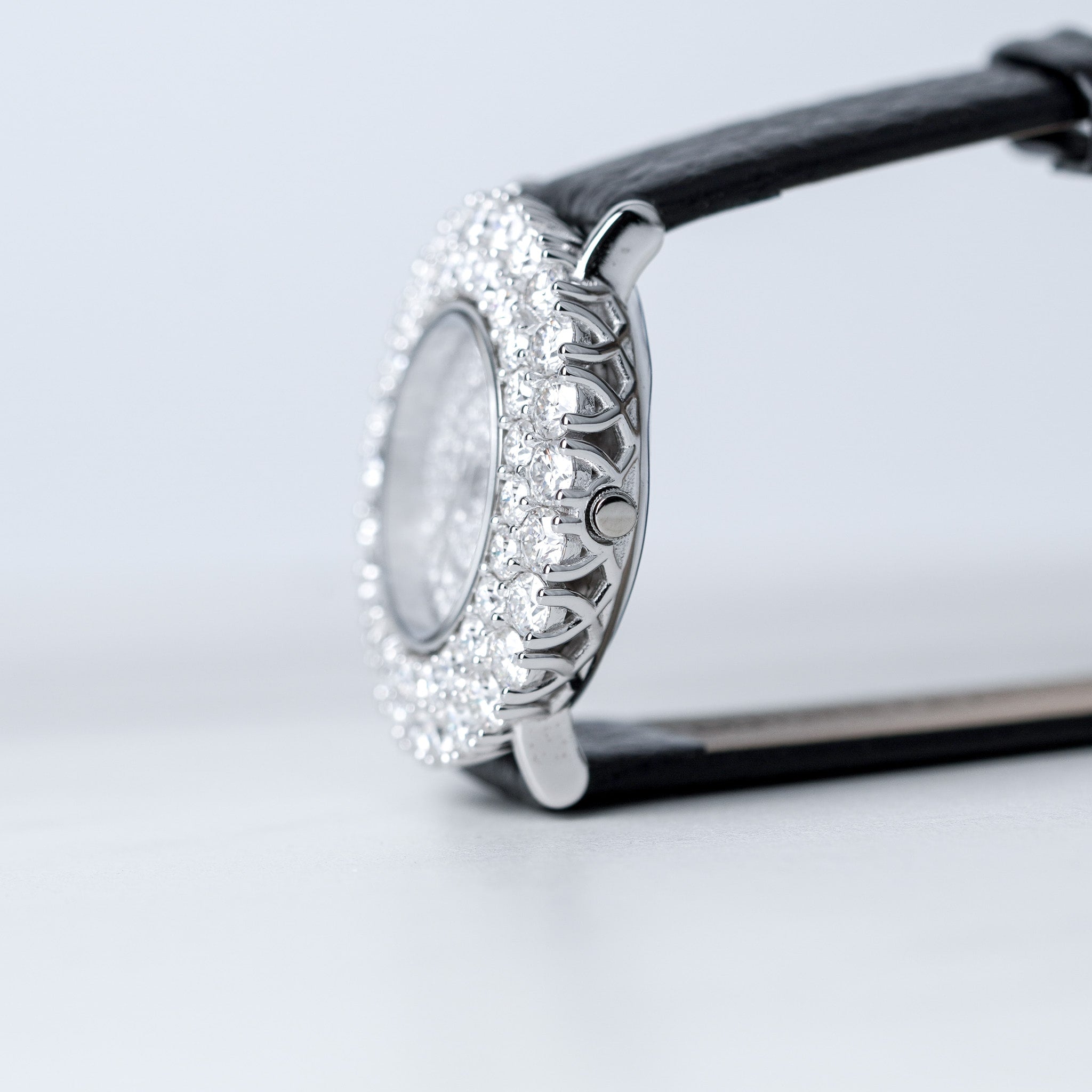 Double Halo Moissanite Diamond Watch With Silver Case - Black Leather