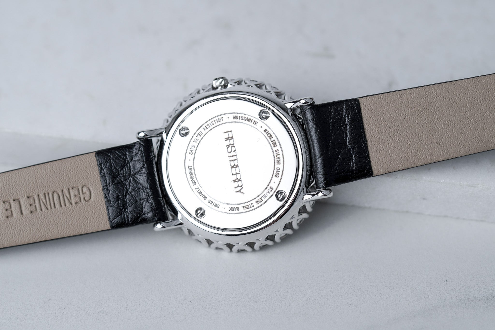 Double Halo Moissanite Diamond Watch With Silver Case - Black Leather