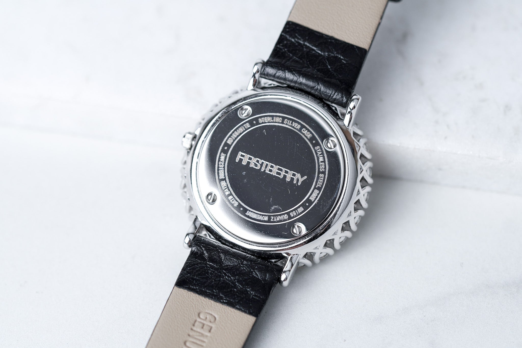 Double Halo Moissanite Diamond Watch With Silver Case - Black Leather