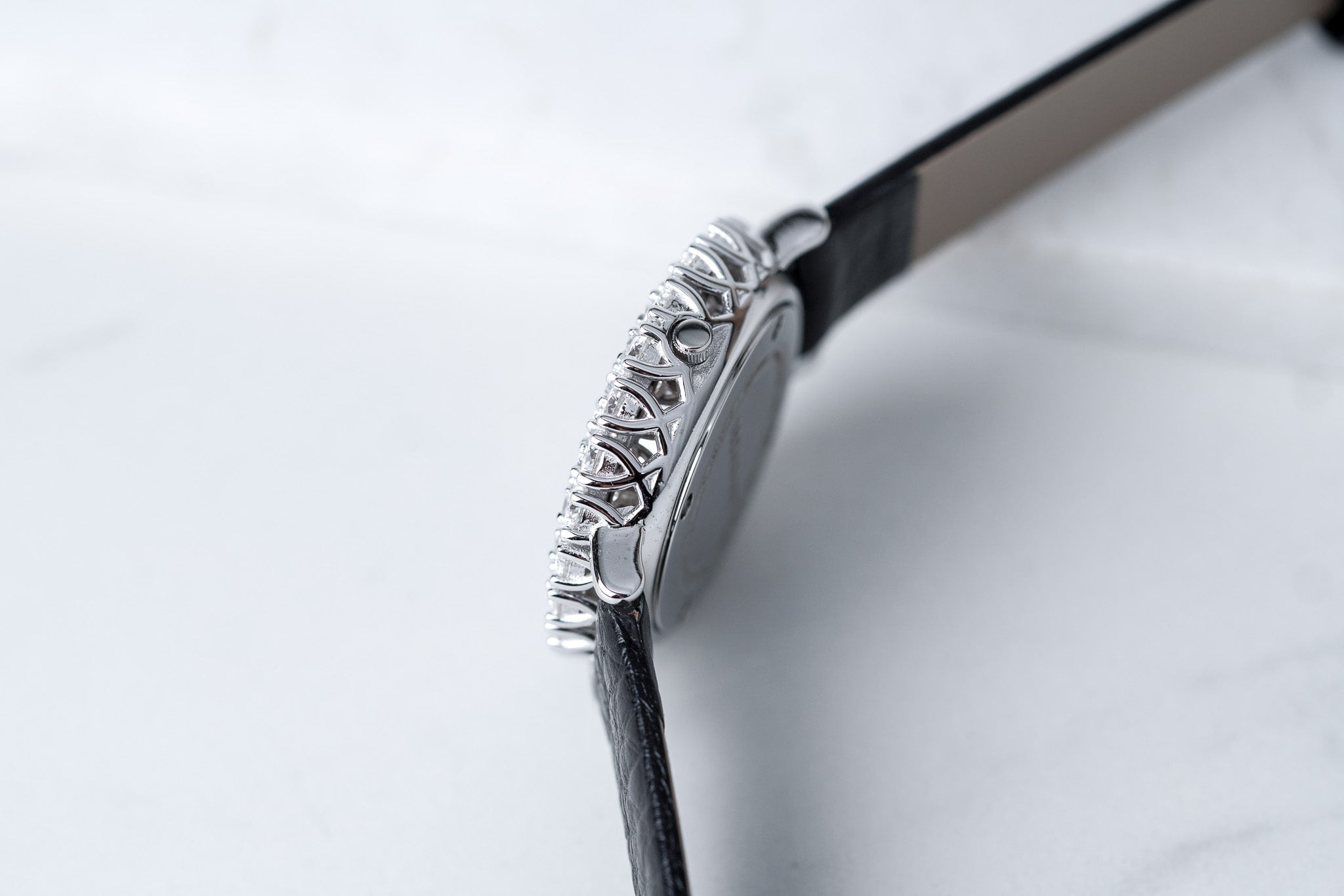 Double Halo Moissanite Diamond Watch With Silver Case - Black Leather