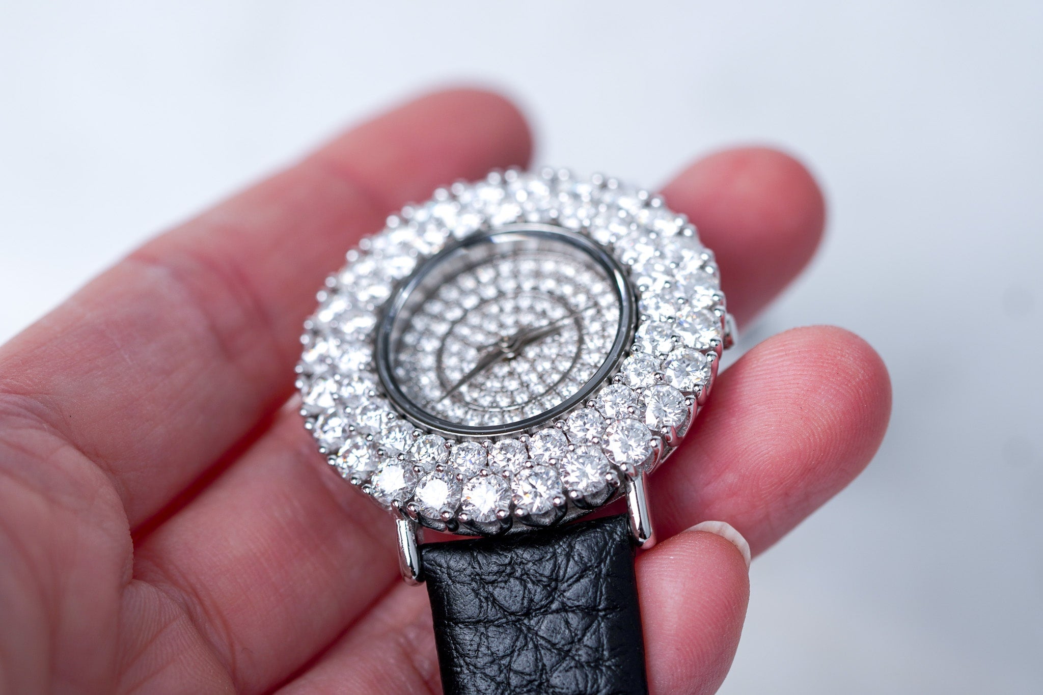 Double Halo Moissanite Diamond Watch With Silver Case - Black Leather