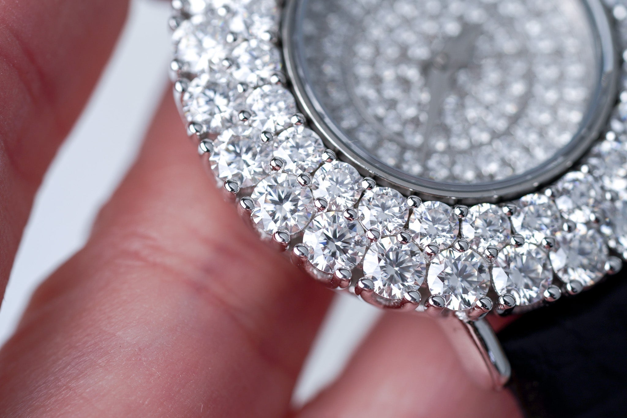 Double Halo Moissanite Diamond Watch With Silver Case - Black Leather