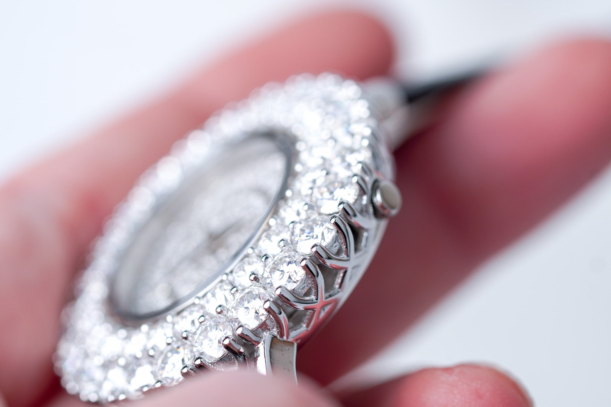 Double Halo Moissanite Diamond Watch With Silver Case - Black Leather