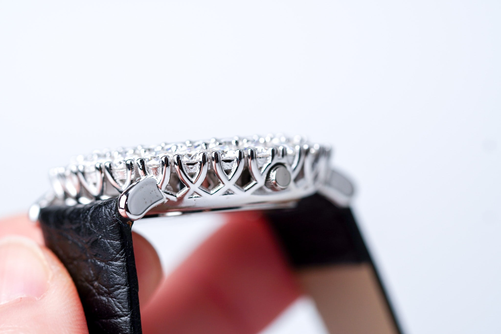 Double Halo Moissanite Diamond Watch With Silver Case - Black Leather