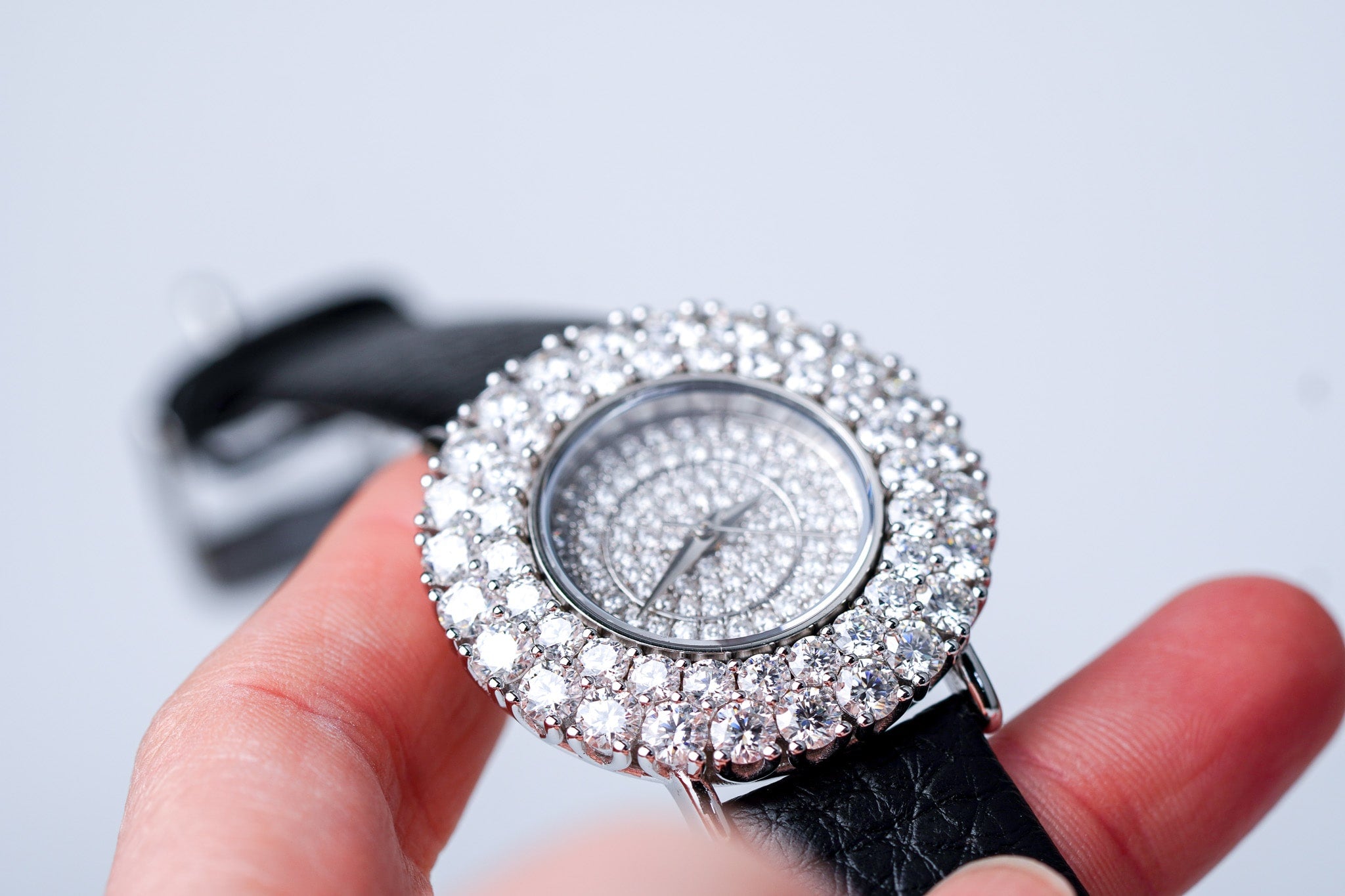 Double Halo Moissanite Diamond Watch With Silver Case - Black Leather