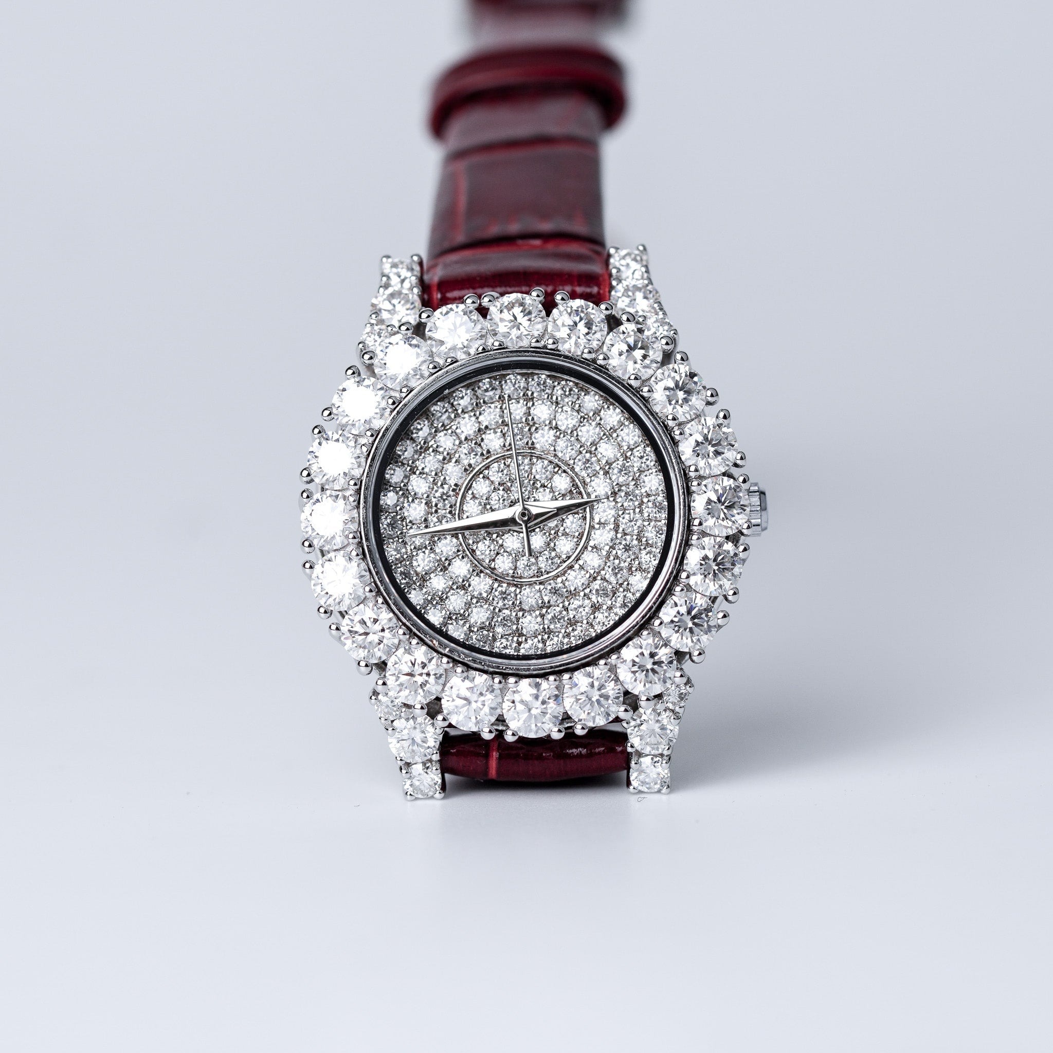 Moissanite Diamond Watch With Silver Case - Red Leather