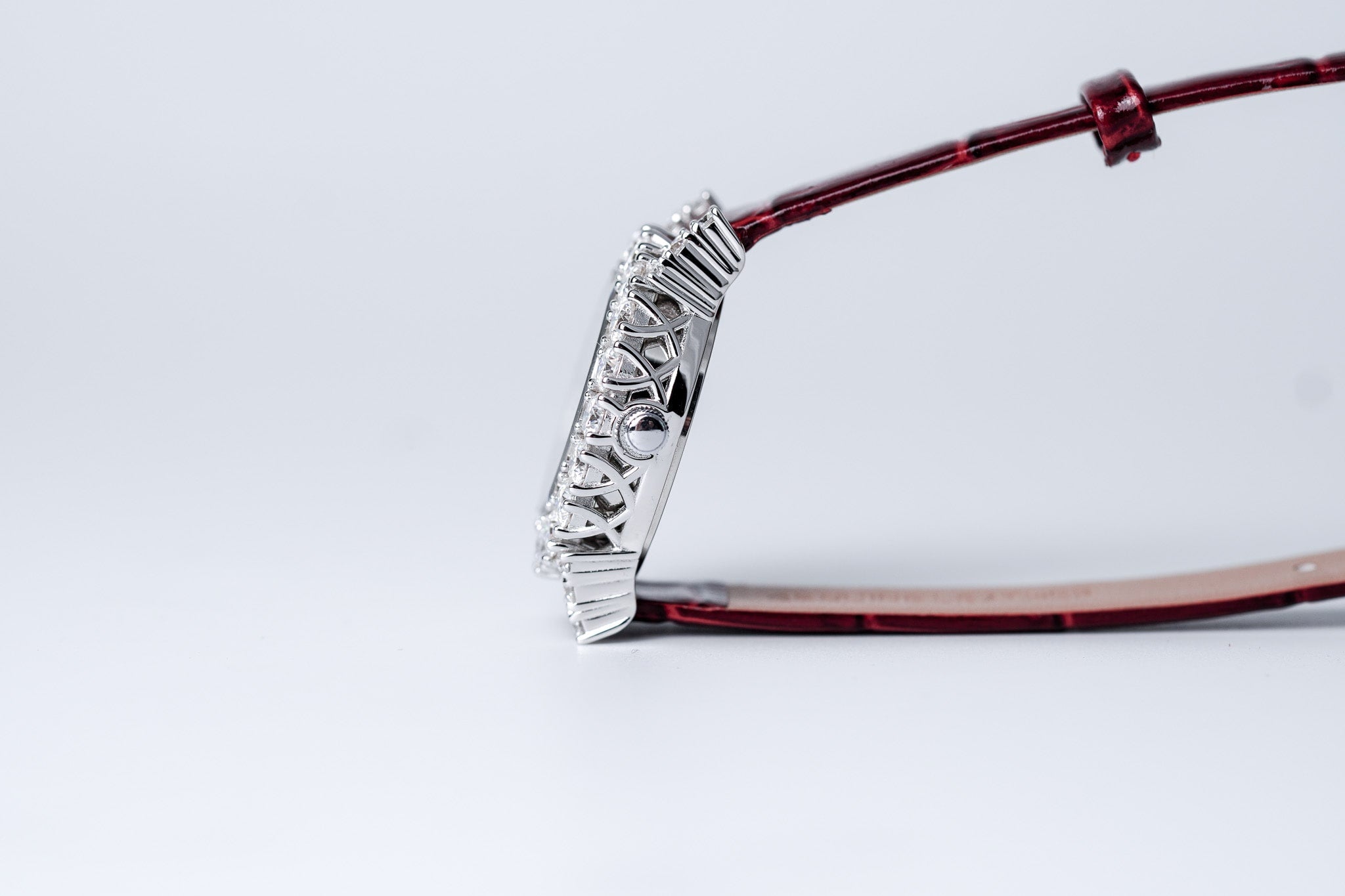 Moissanite Diamond Watch With Silver Case - Red Leather