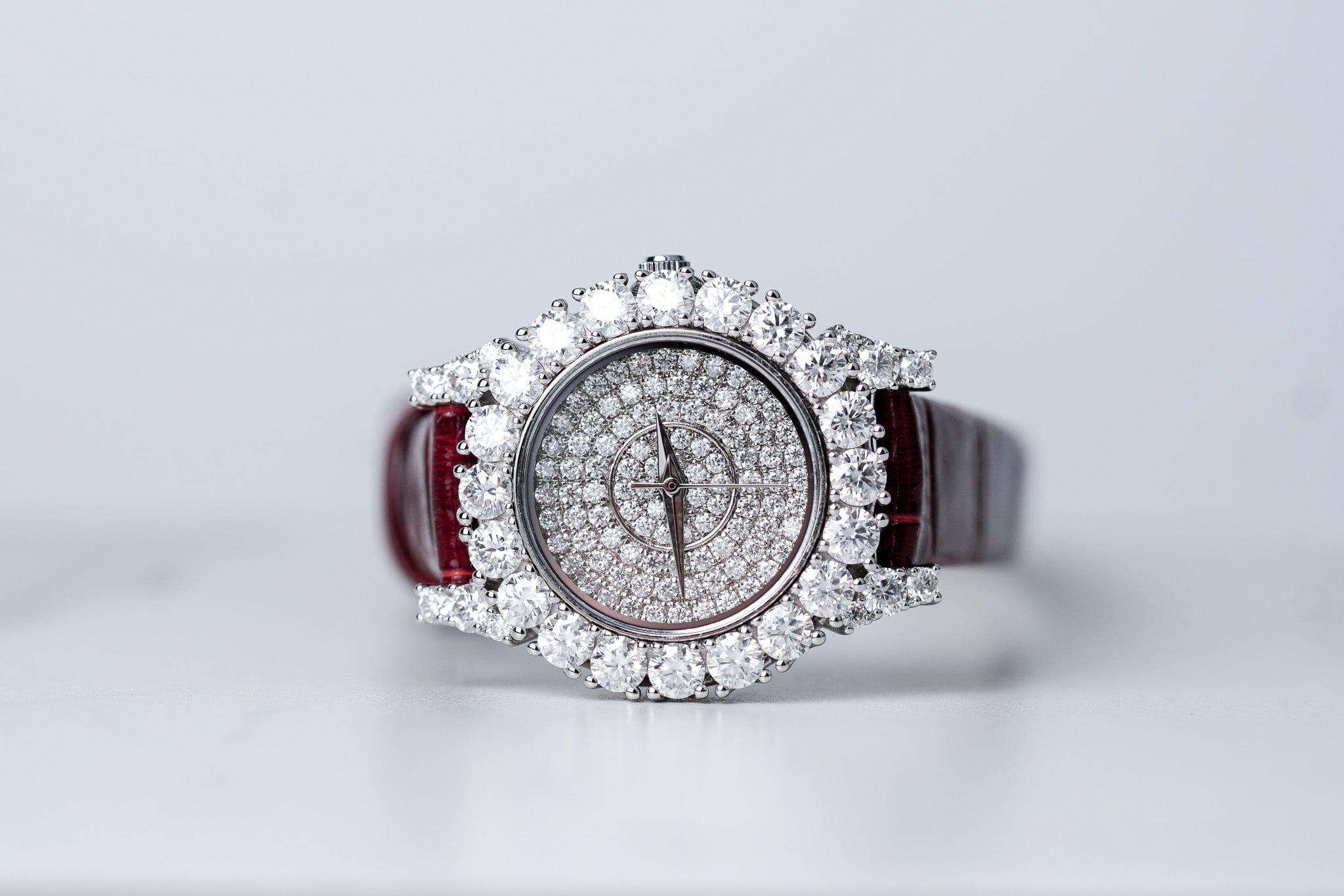 Moissanite Diamond Watch With Silver Case - Red Leather