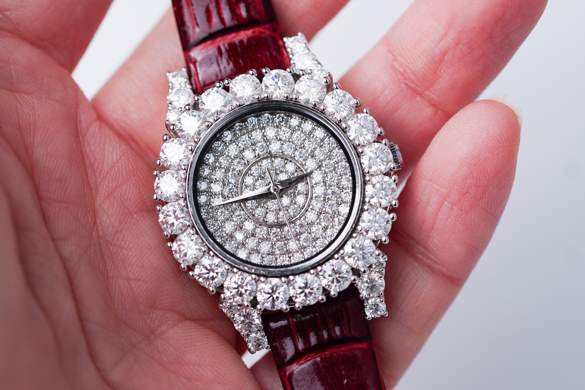 Moissanite Diamond Watch With Silver Case - Red Leather