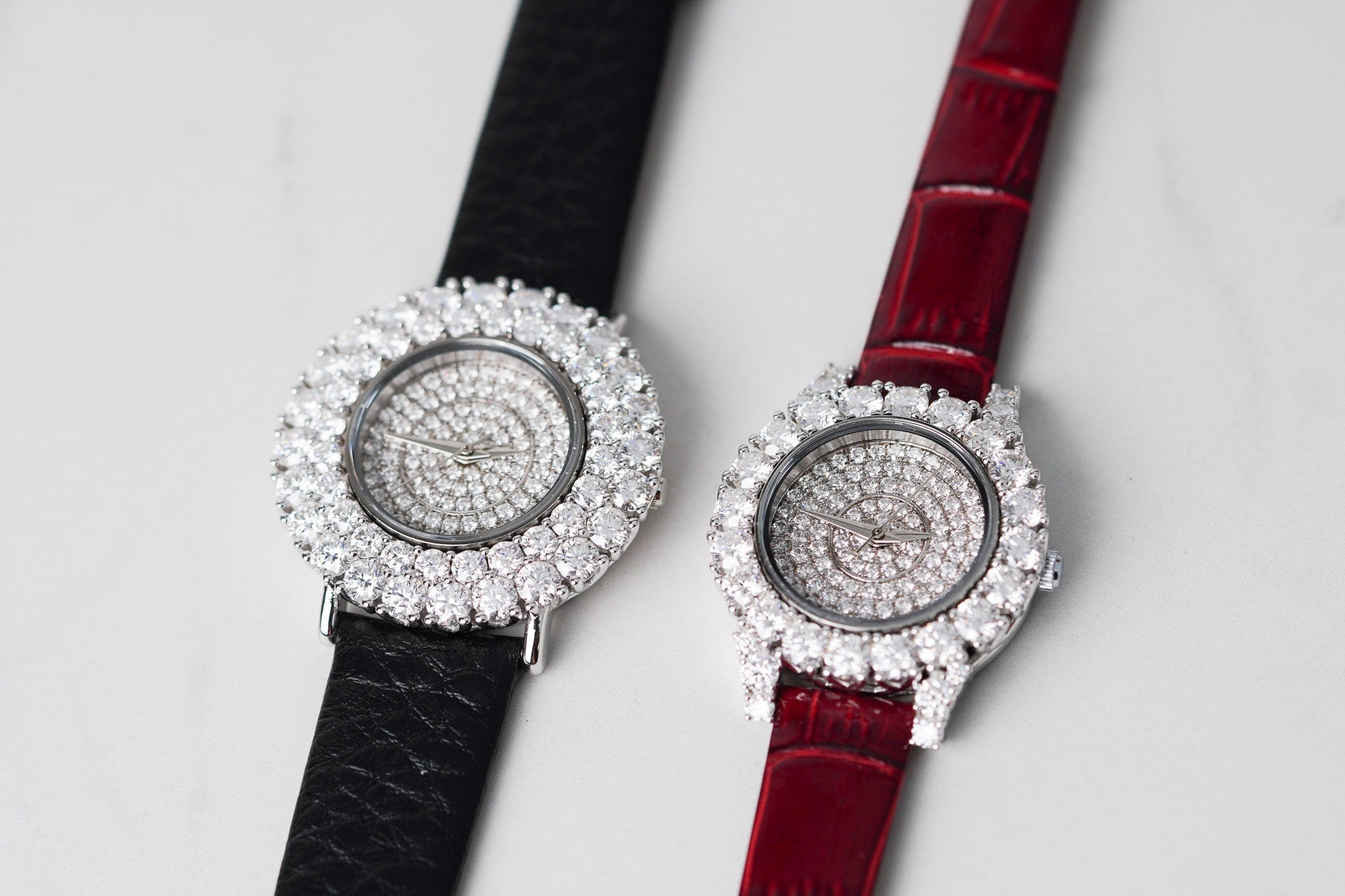 Moissanite Diamond Watch With Silver Case - Red Leather