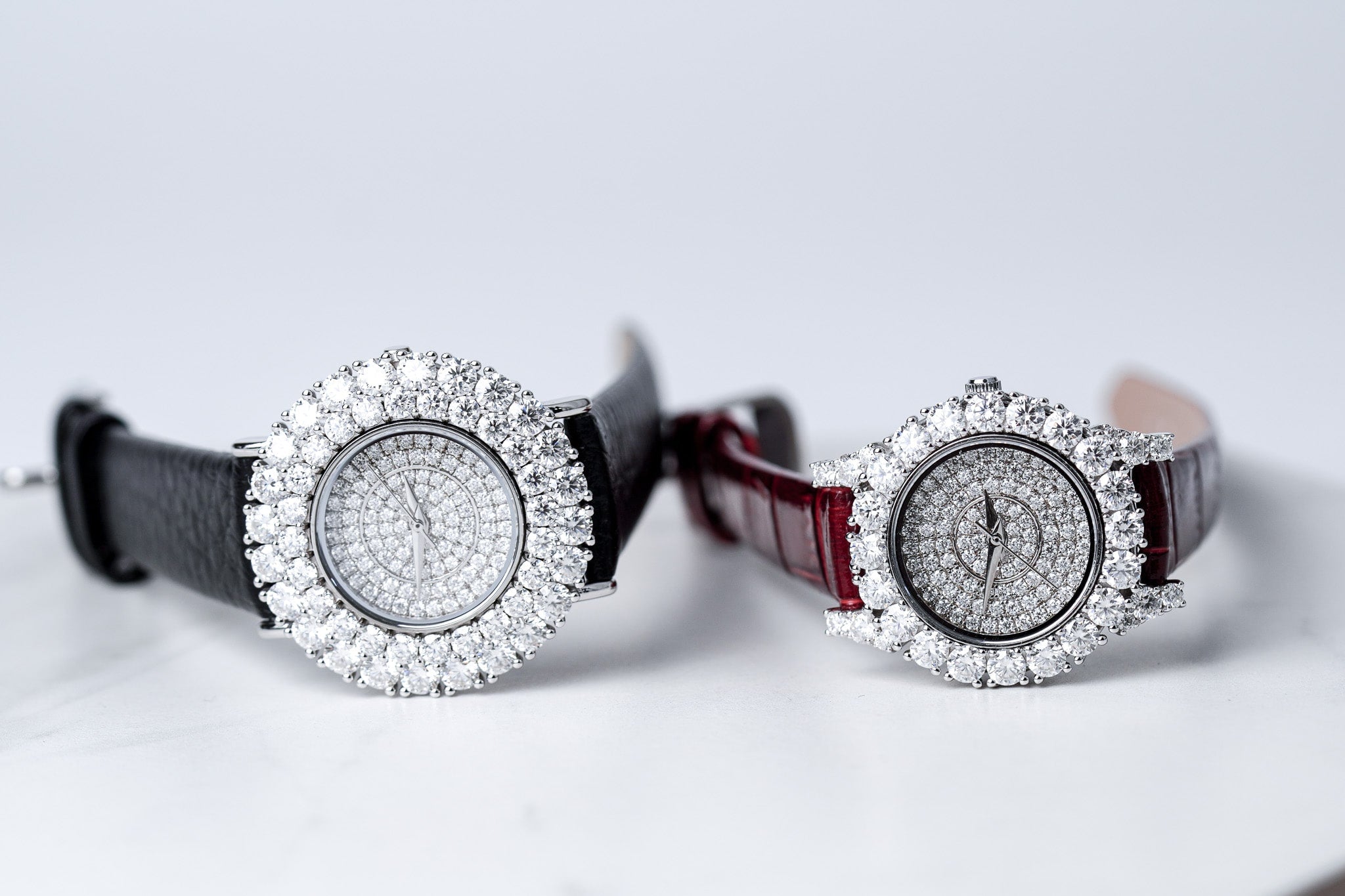 Moissanite Diamond Watch With Silver Case - Red Leather