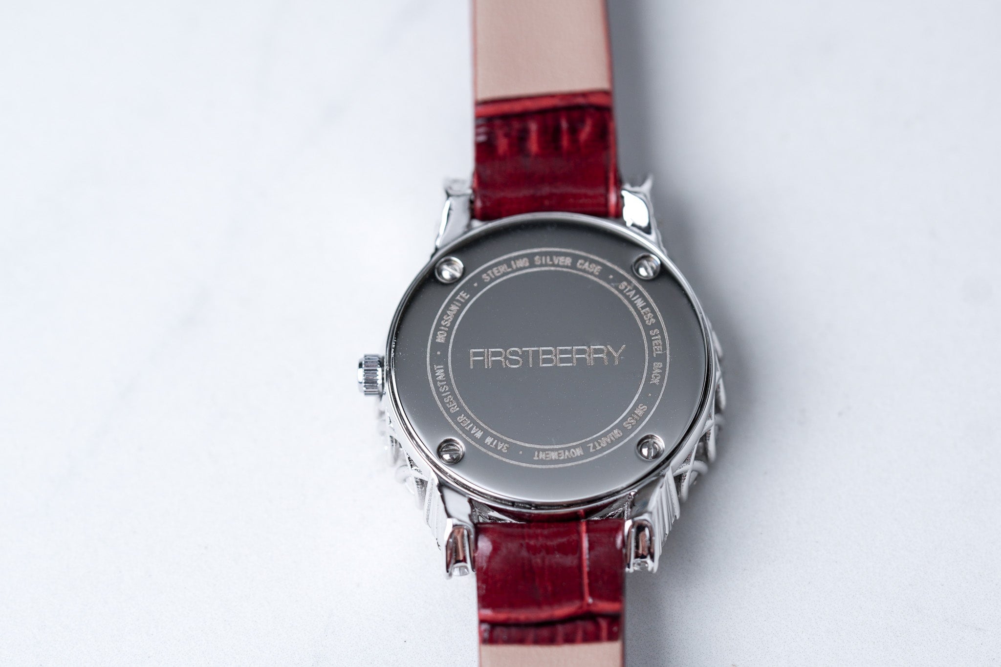 Moissanite Diamond Watch With Silver Case - Red Leather