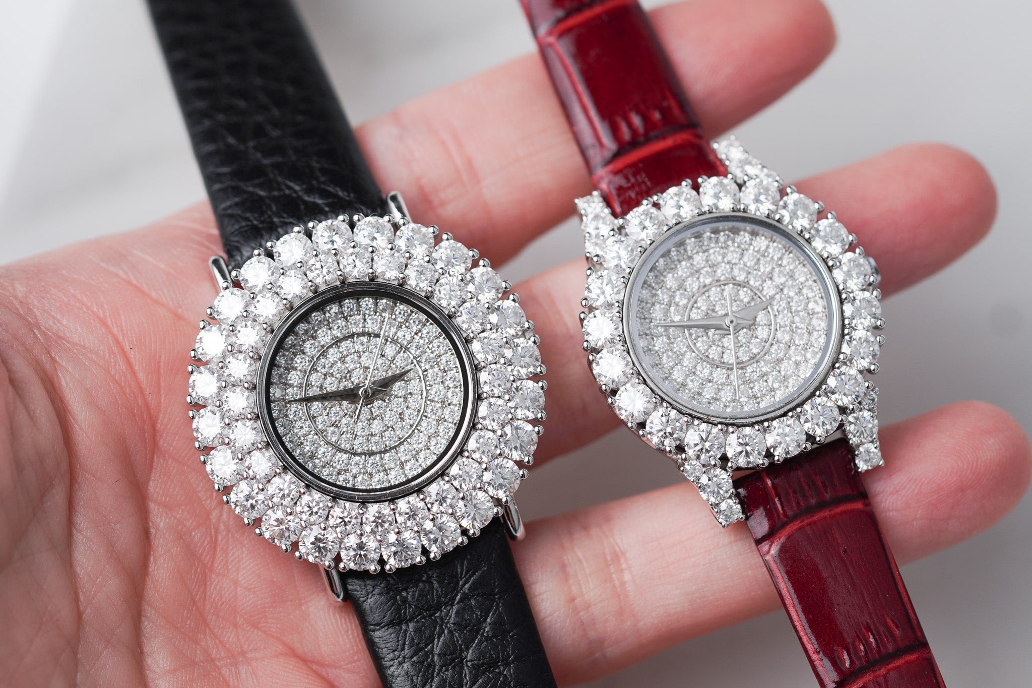 Double Halo Moissanite Diamond Watch With Silver Case - Black Leather