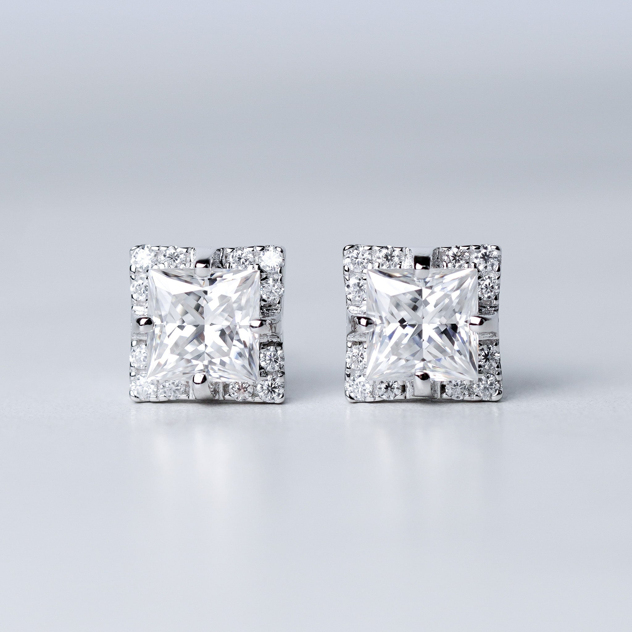 Princess Halo Square Earrings - Moissanite