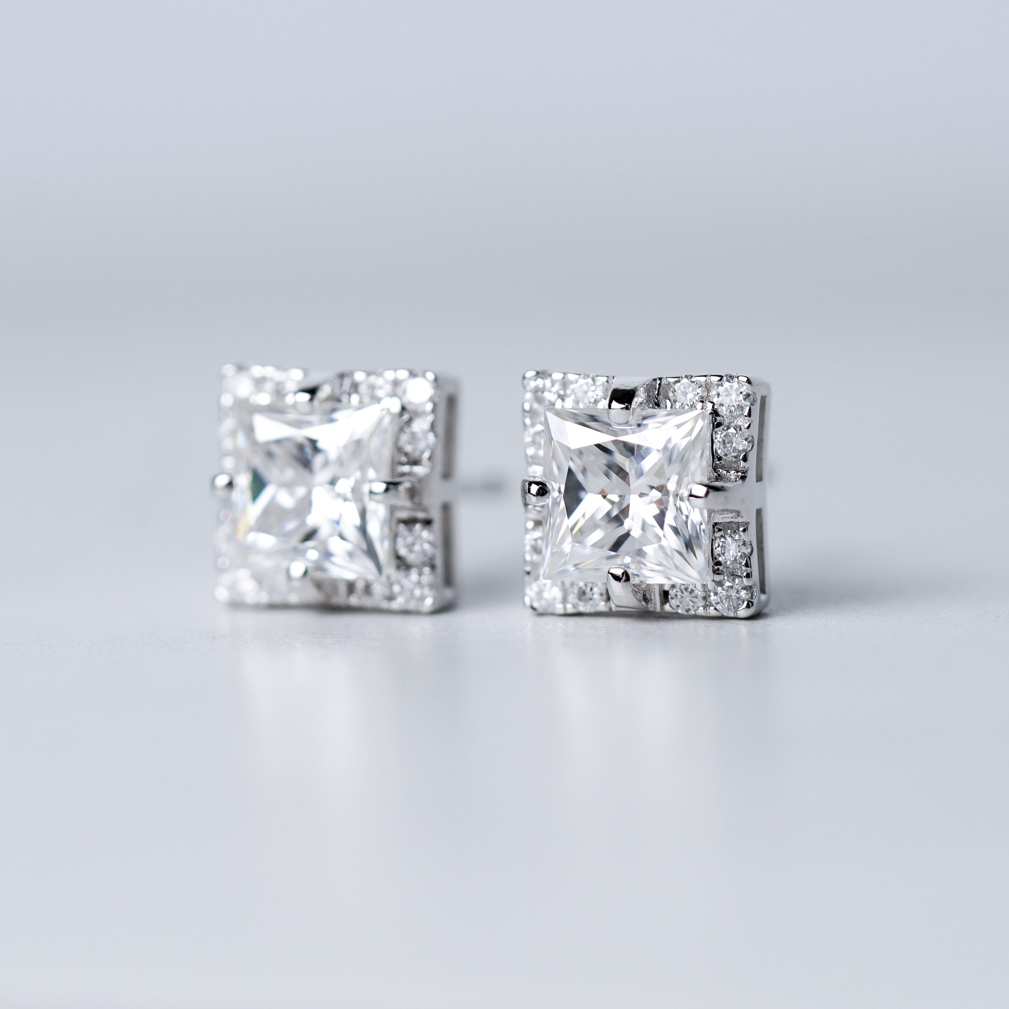 Princess Halo Square Earrings - Moissanite