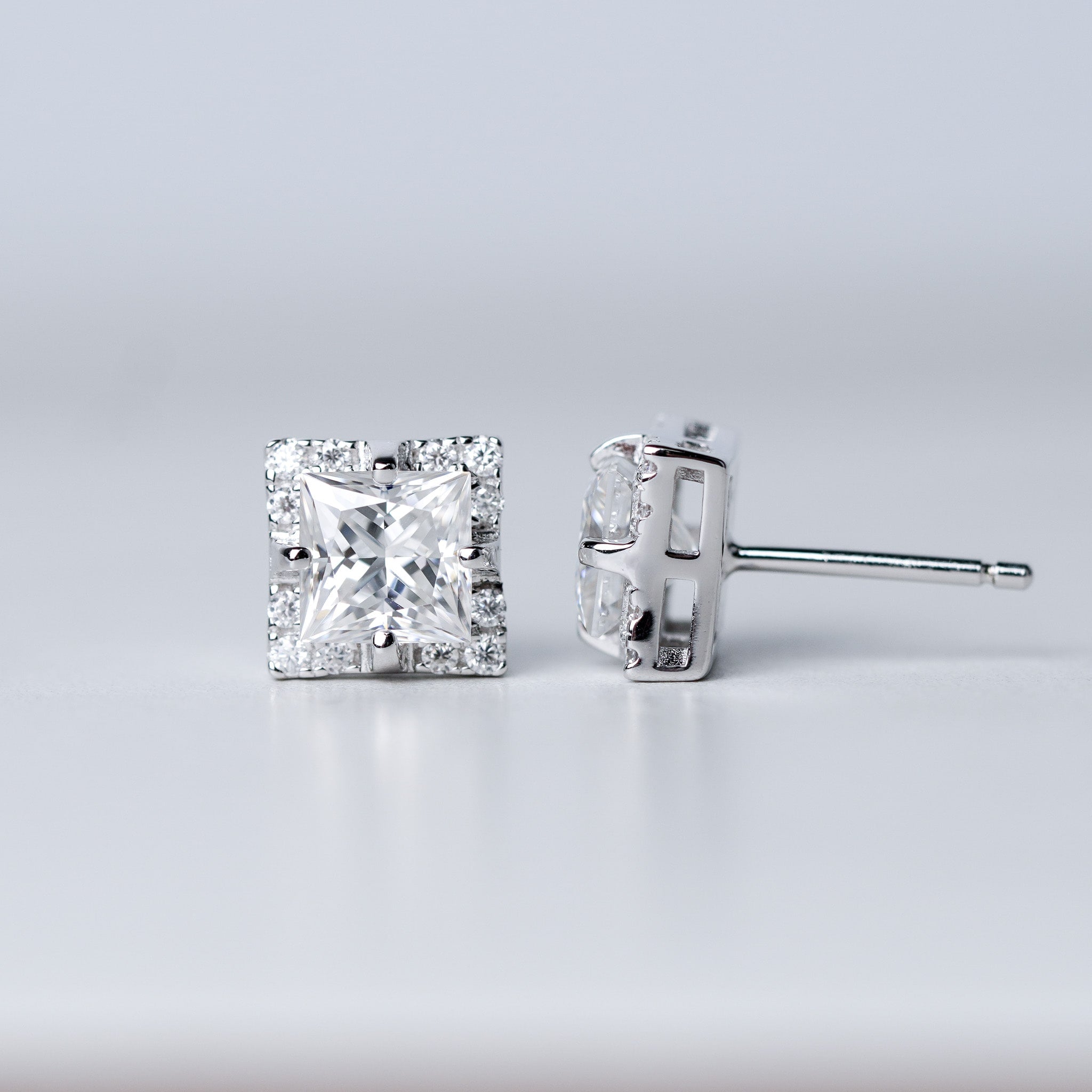 Princess Halo Square Earrings - Moissanite