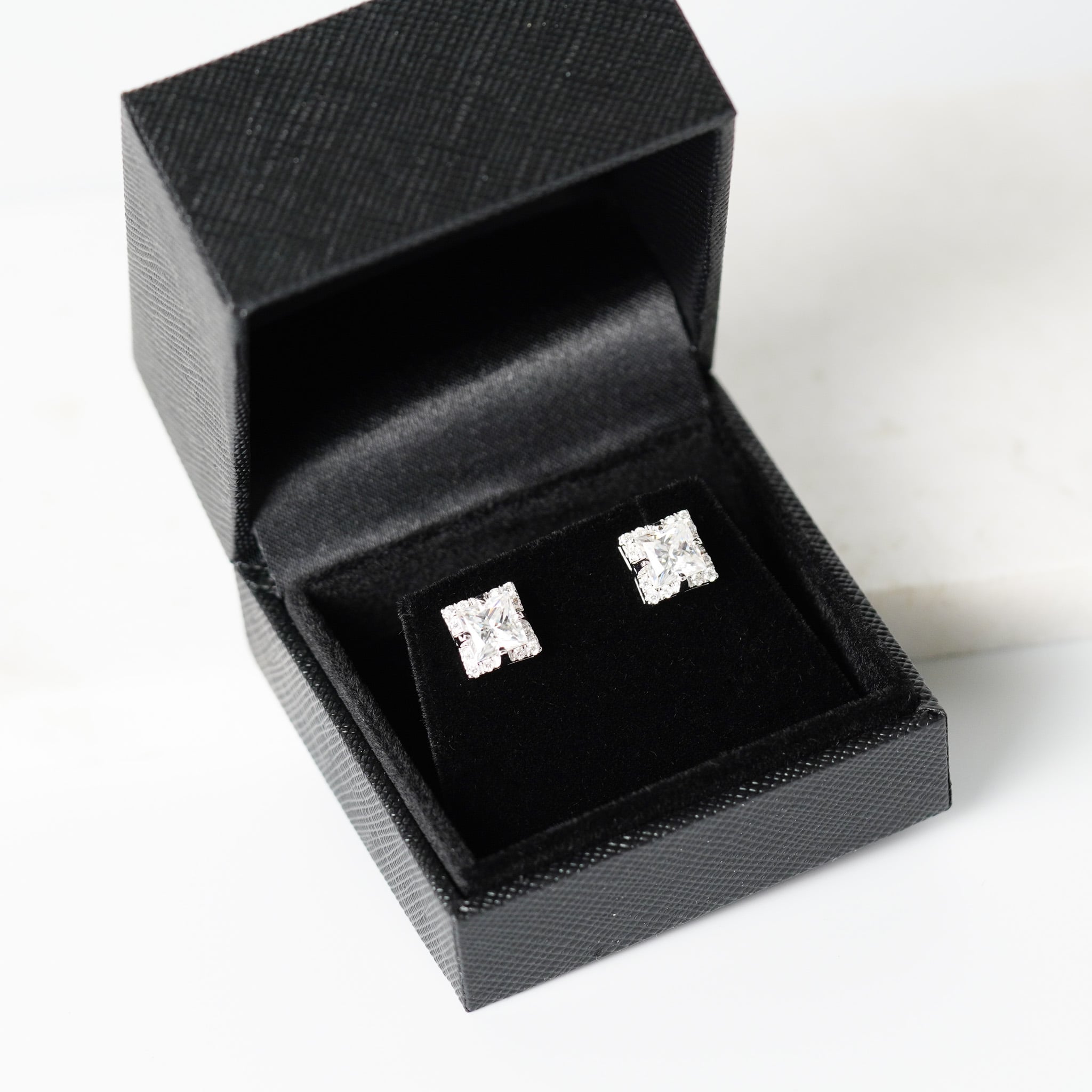 Princess Halo Square Earrings - Moissanite