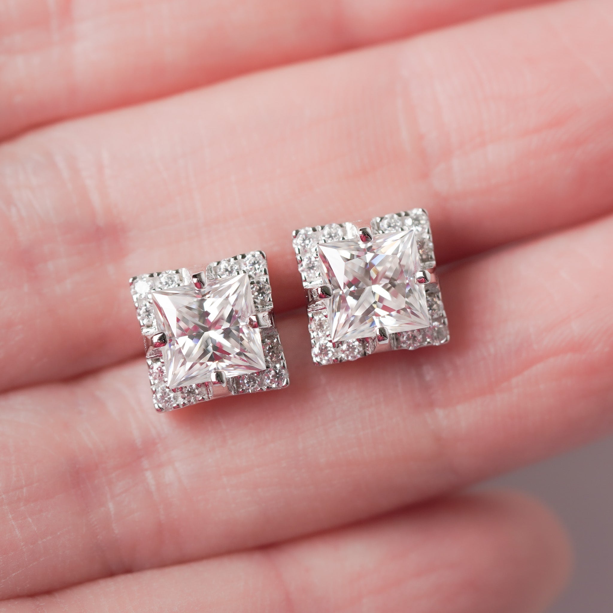 Princess Halo Square Earrings - Moissanite