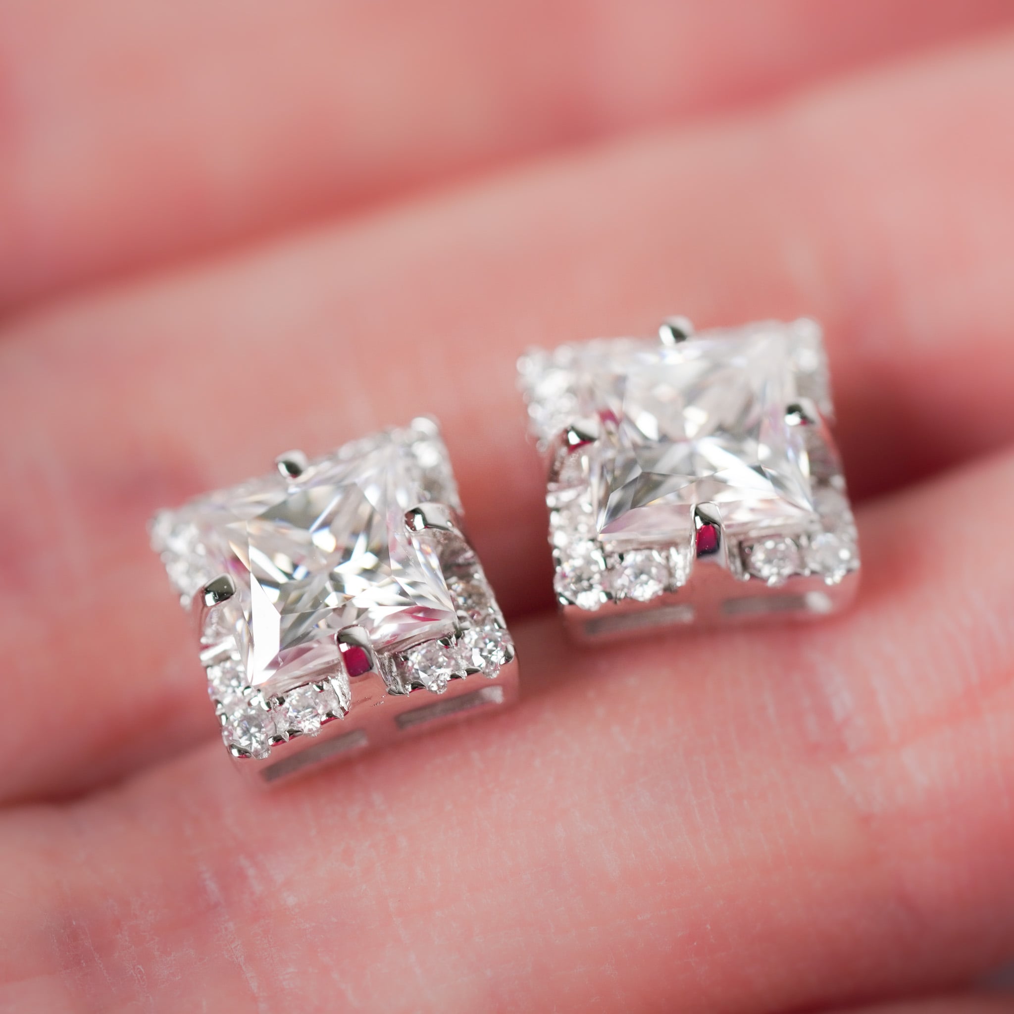 Princess Halo Square Earrings - Moissanite