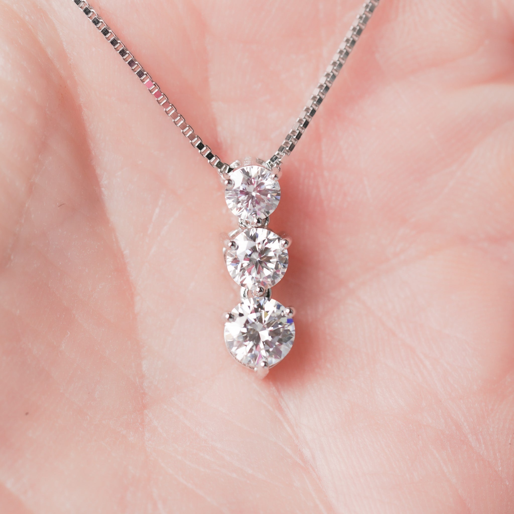 Three-Stone Drop Dangling Pendant Necklace in Sterling Silver – Moissanite