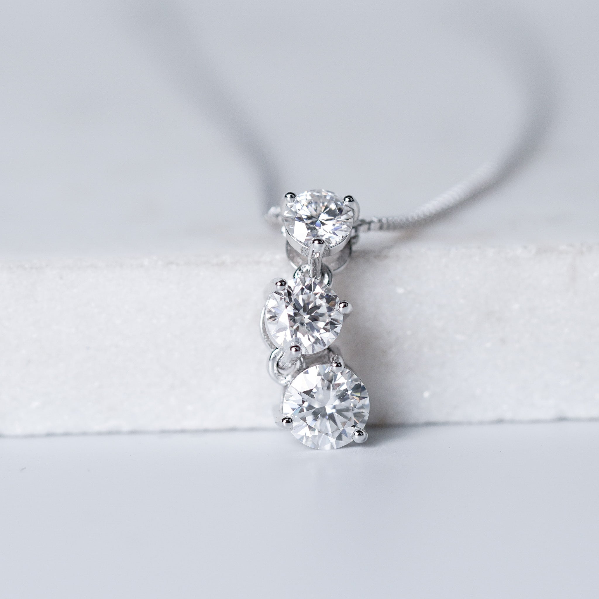 Three-Stone Drop Dangling Pendant Necklace in Sterling Silver – Moissanite