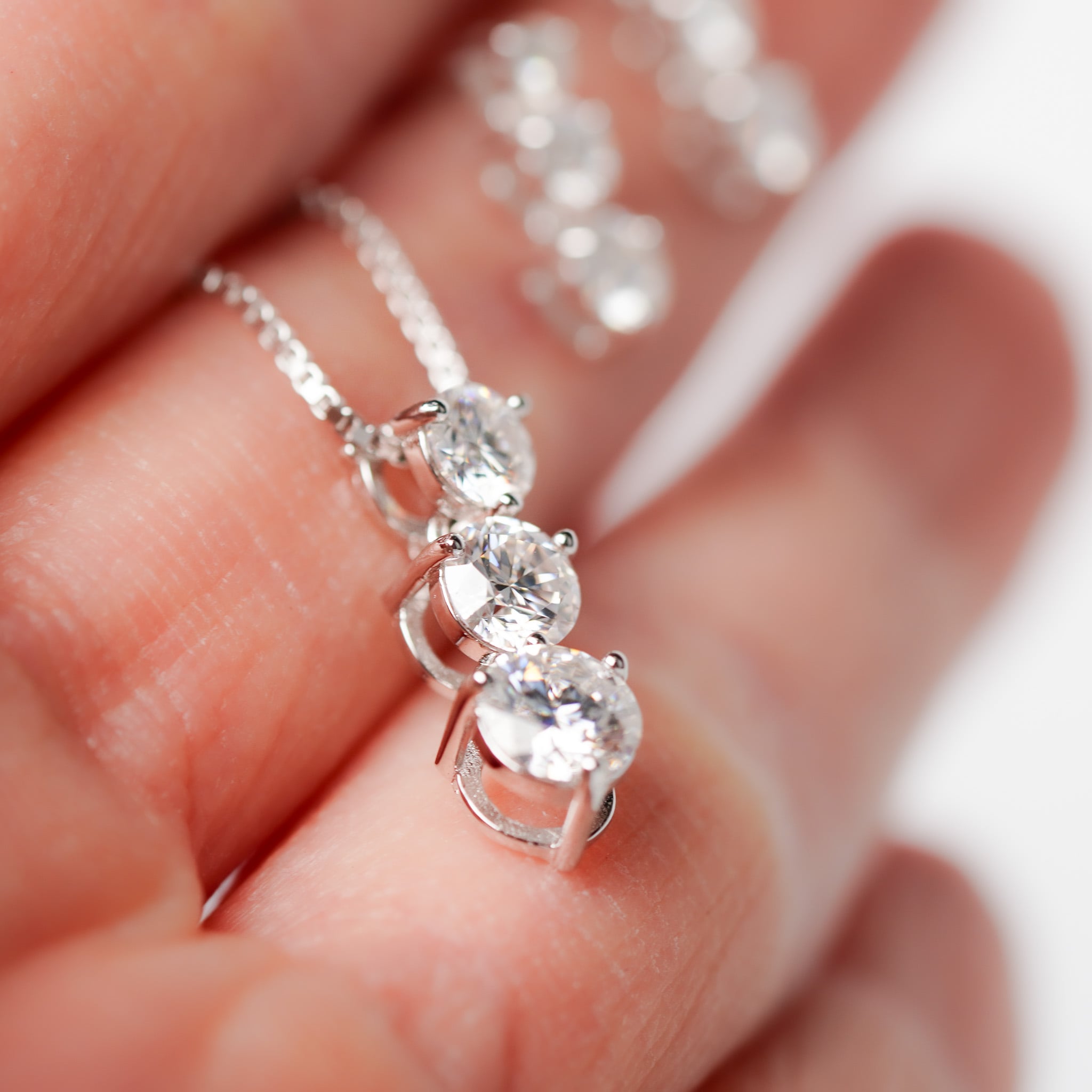 Three Stones Dangling Earrings & Necklace Gift Set - Moissanite - 3 Products