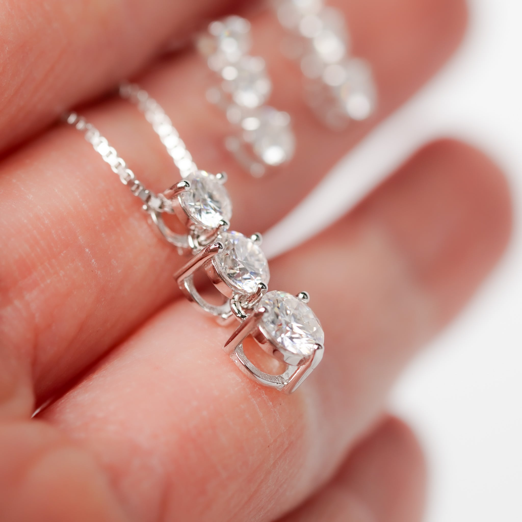 Three Stones Dangling Earrings & Necklace Gift Set - Moissanite - 3 Products