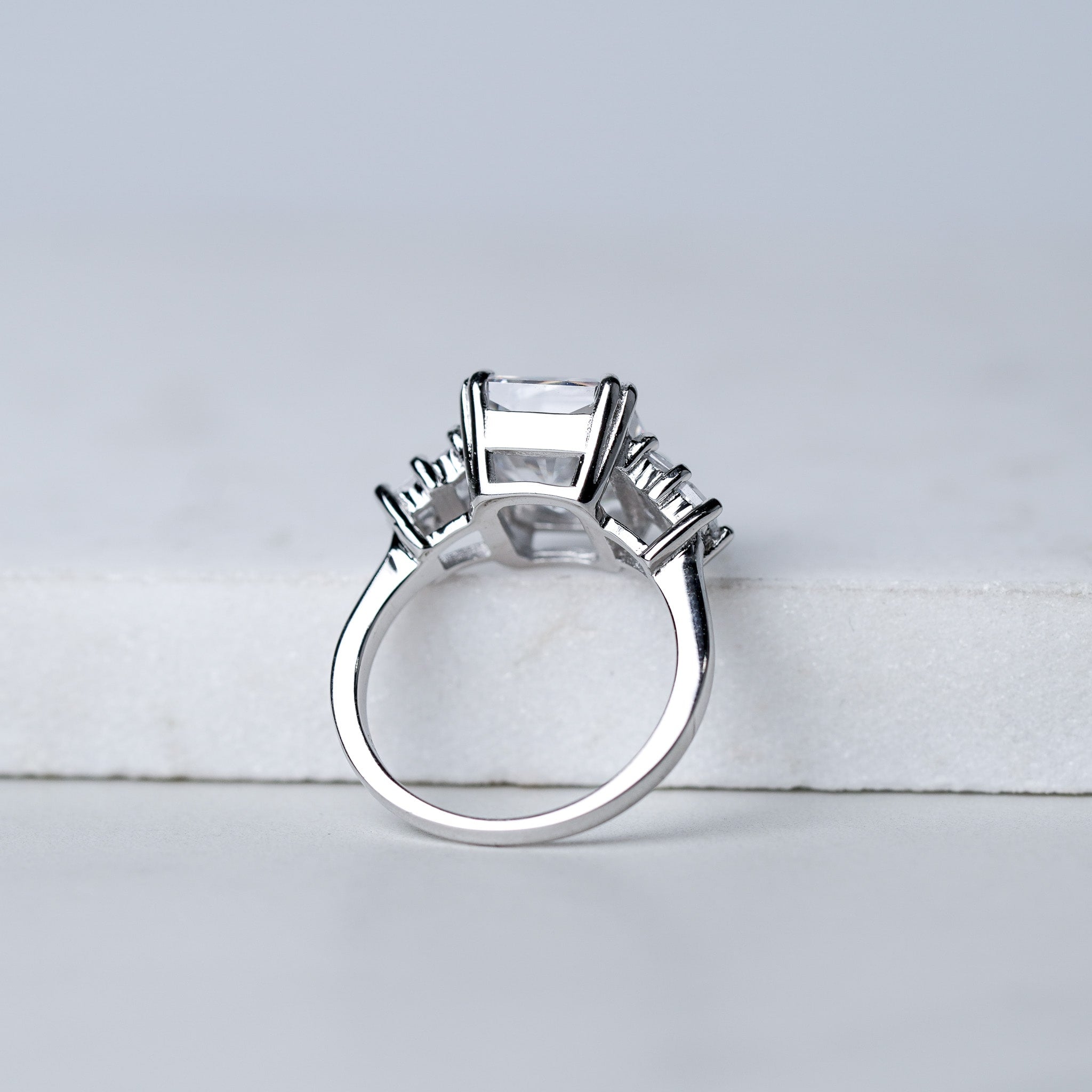 Radiant Rectangle Engagement Ring With Side Bar - 4ct - Simulated Diamond