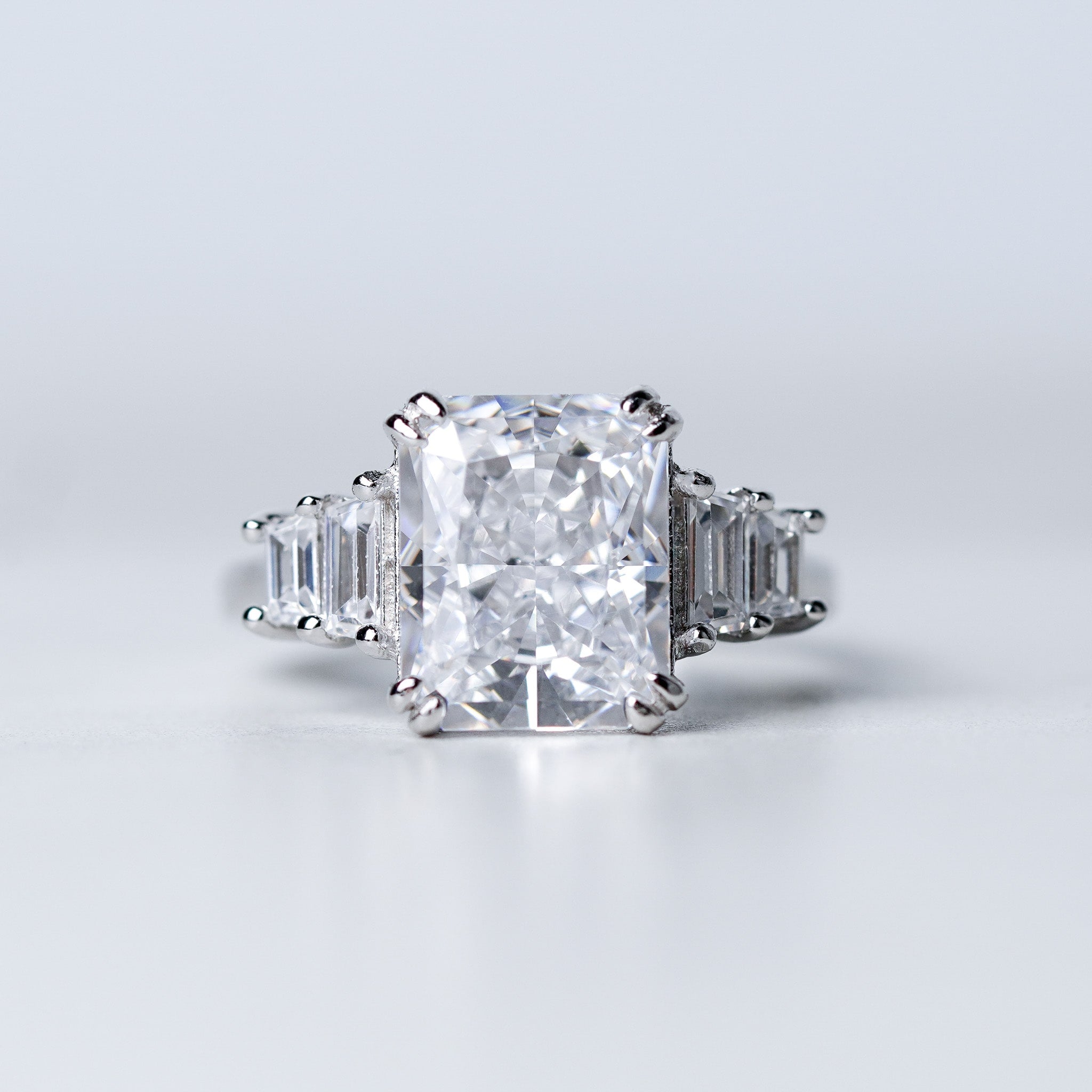 Radiant Rectangle Engagement Ring With Side Bar - 4ct - Simulated Diamond